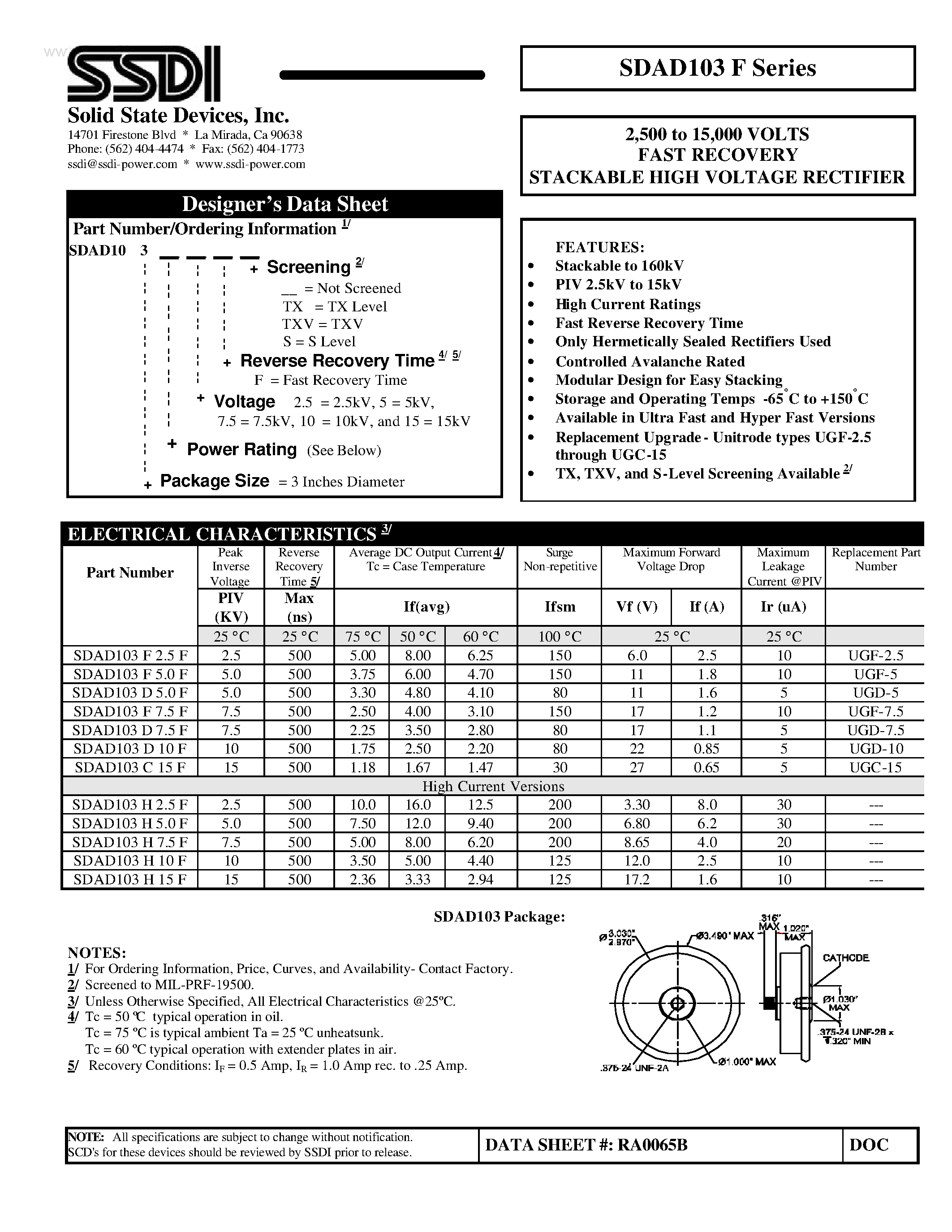 Datasheet SDAD103F page 1 Datasheet SDAD103F - STANDARD RECOVERY STACKABLE HIGH VOLTAGE RECTIFIER page 1