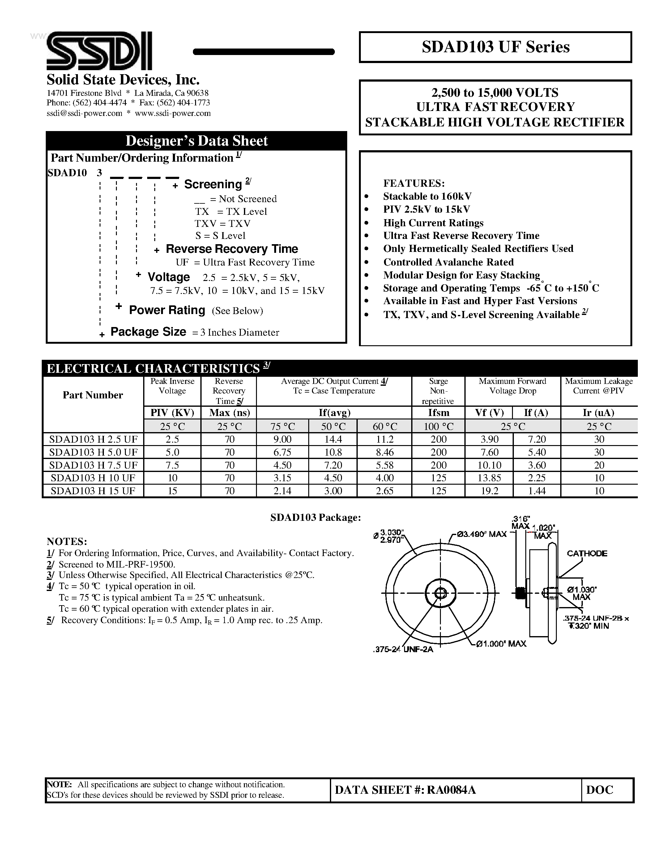 Datasheet SDAD103UF page 1 Datasheet SDAD103UF - STANDARD RECOVERY STACKABLE HIGH VOLTAGE RECTIFIER page 1