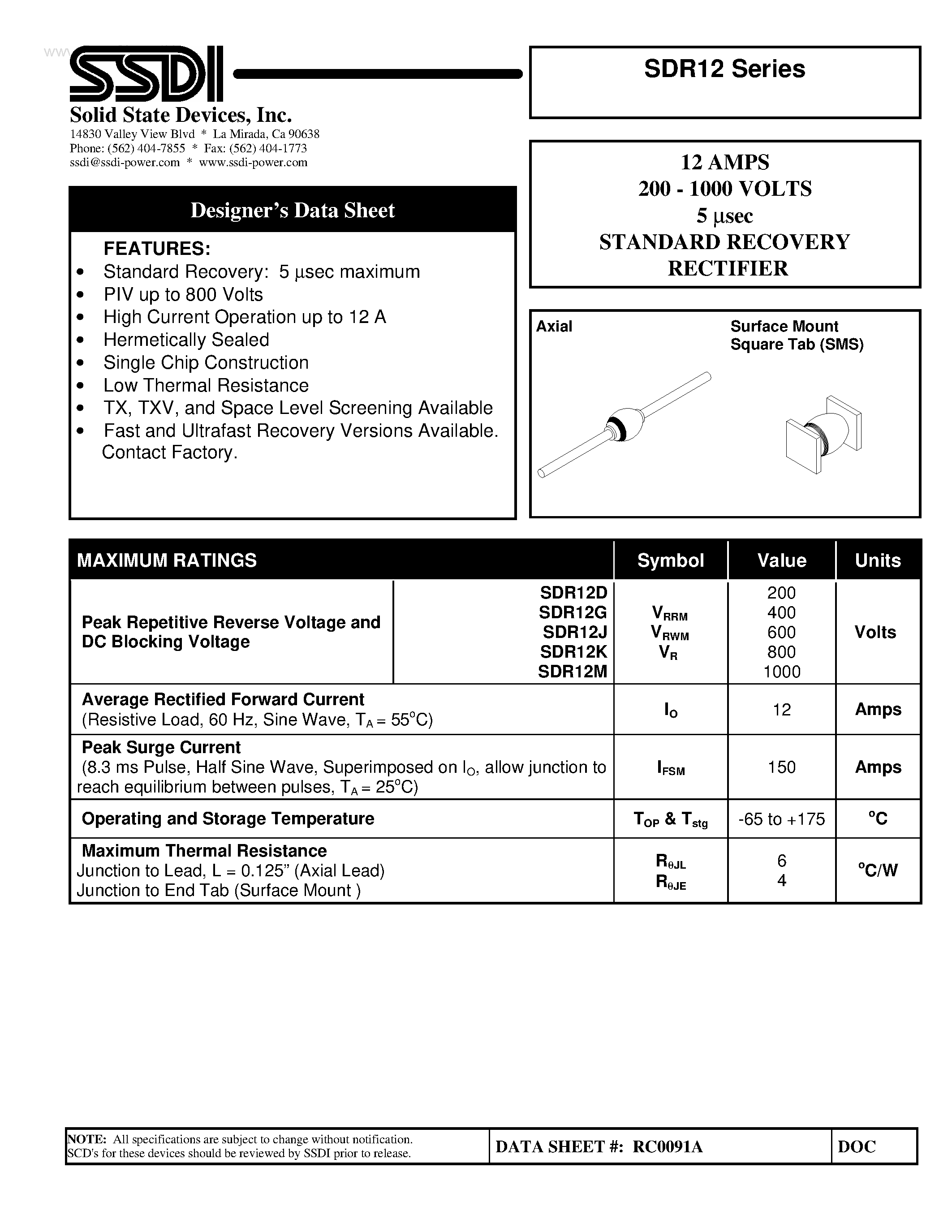 Даташит на микросхему SDR12 страница 1 Даташит SDR12 - STANDARD RECOVERY RECTIFIER страница 1