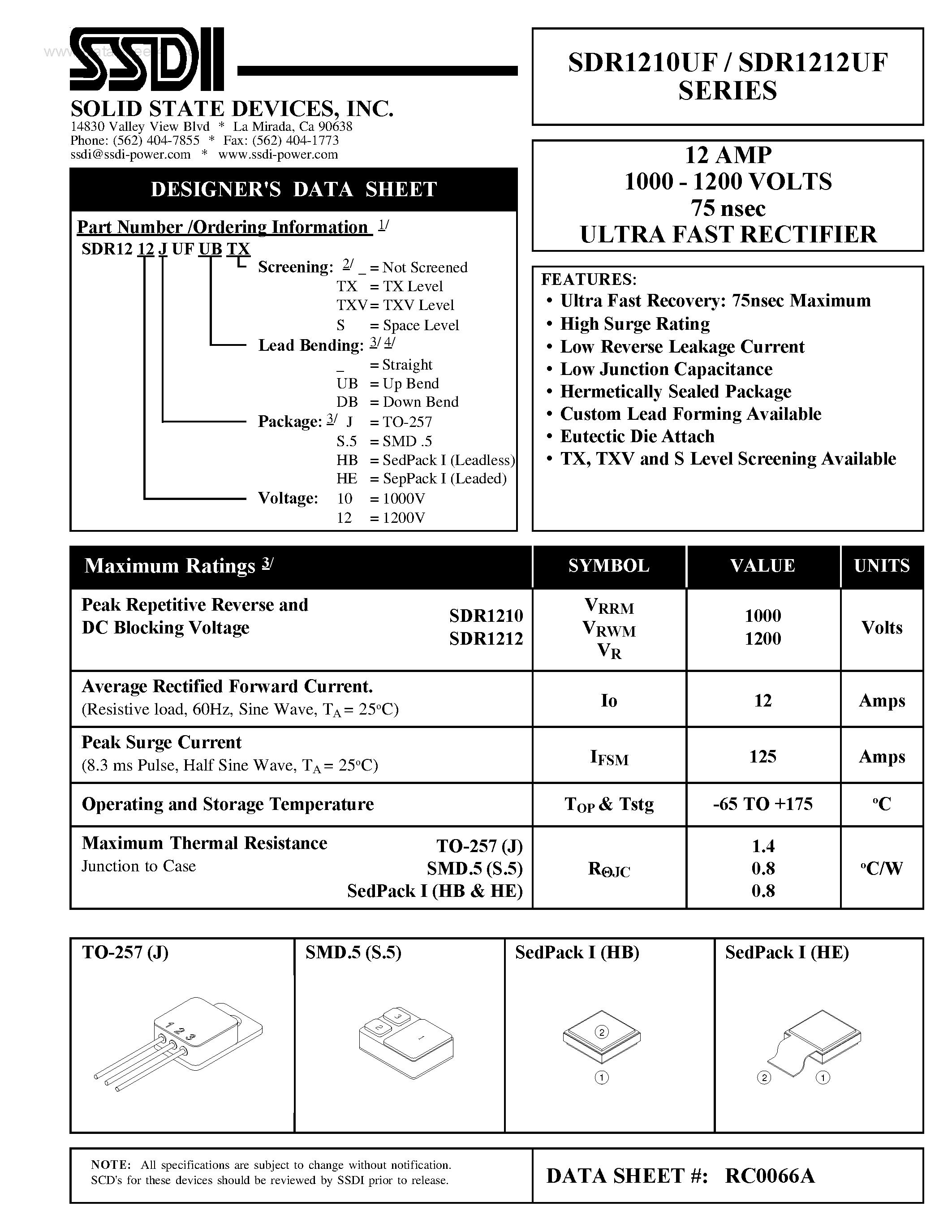 Datasheet SDR1210UF page 1 Datasheet SDR1210UF - (SDR1210UF / SDR1212UF) ULTRA FAST RECTIFIER page 1