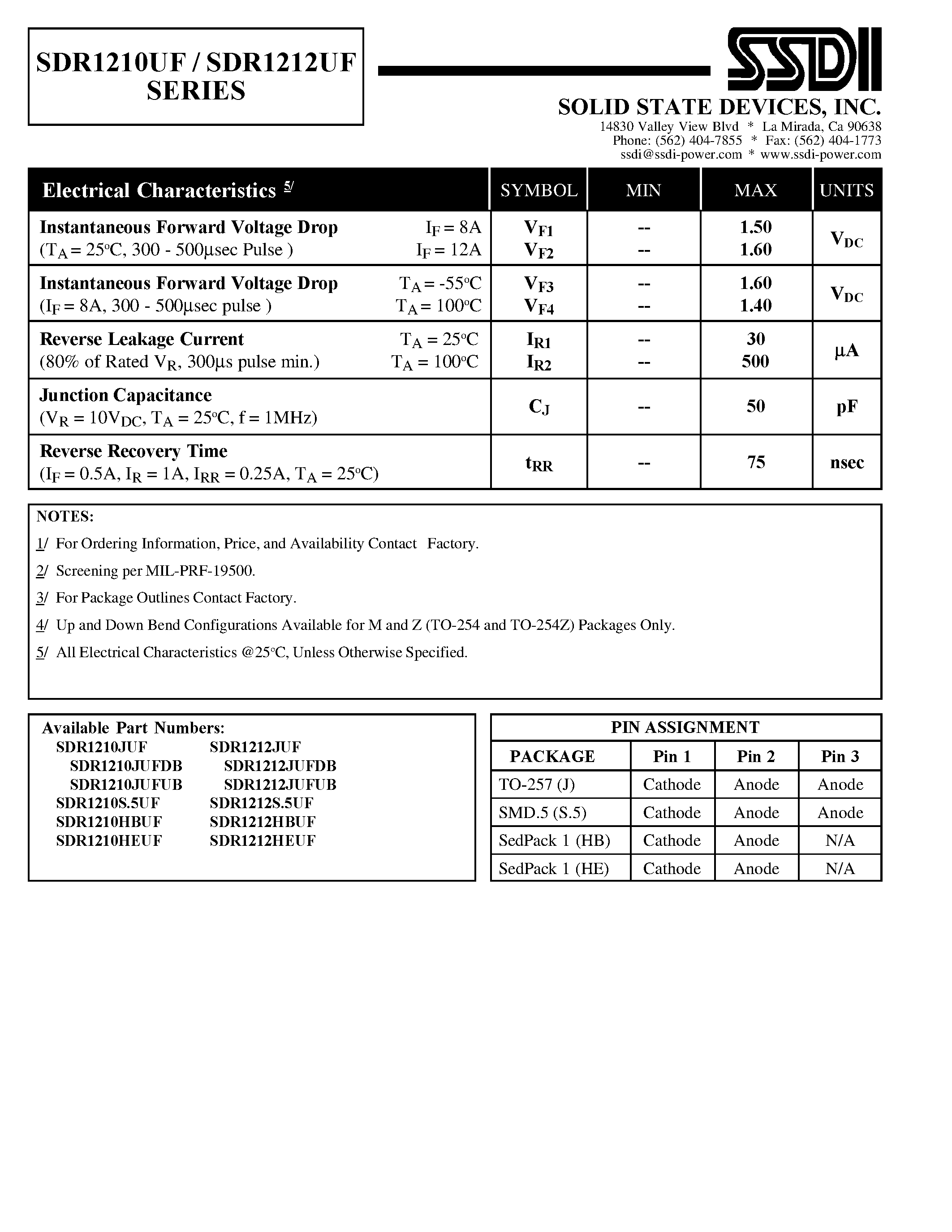 Datasheet SDR1210UF page 2 Datasheet SDR1210UF - (SDR1210UF / SDR1212UF) ULTRA FAST RECTIFIER page 2