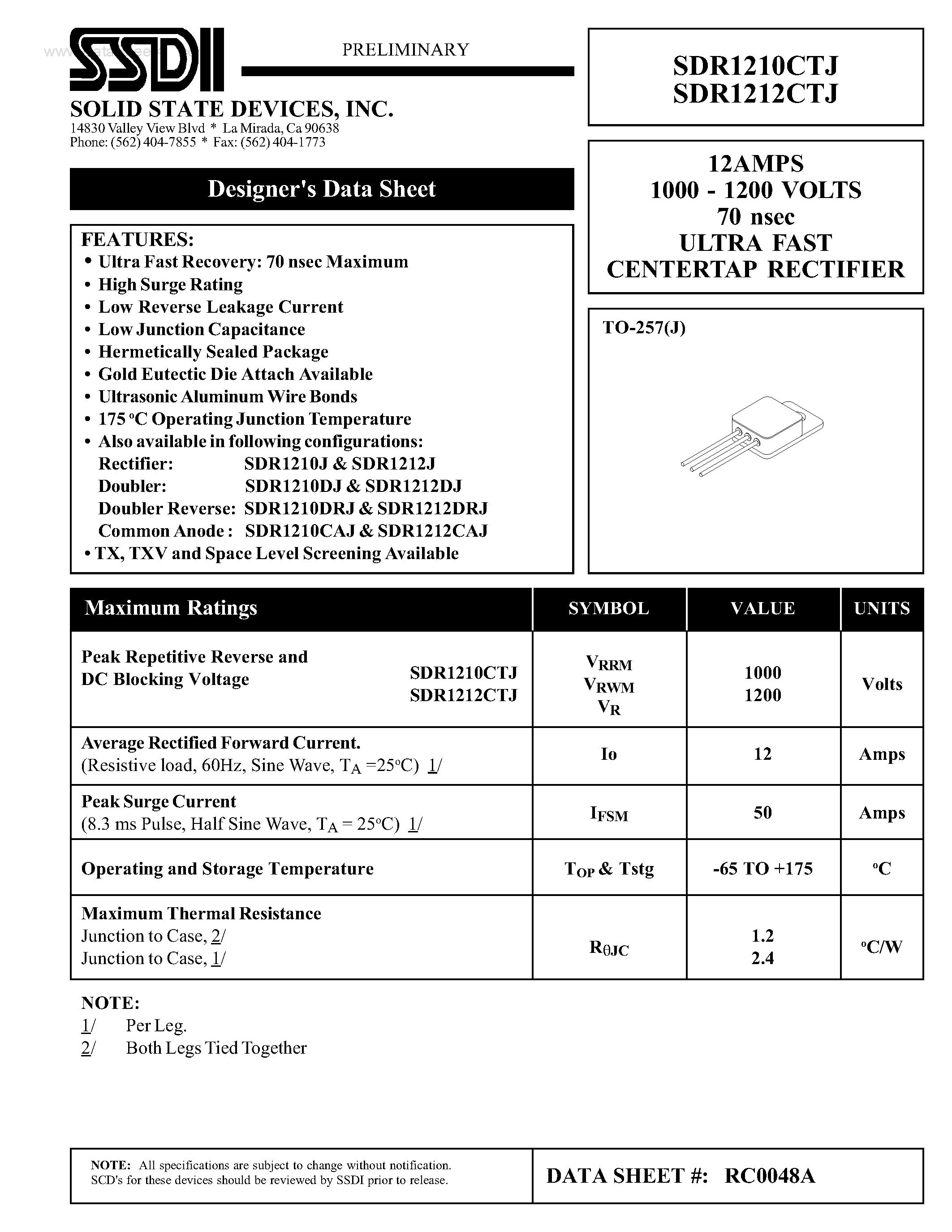 Datasheet SDR1210CTJ - (SDR1210CTJ / SDR1212CTJ) ULTRA FAST CENTERTAP RECTIFIER page 1