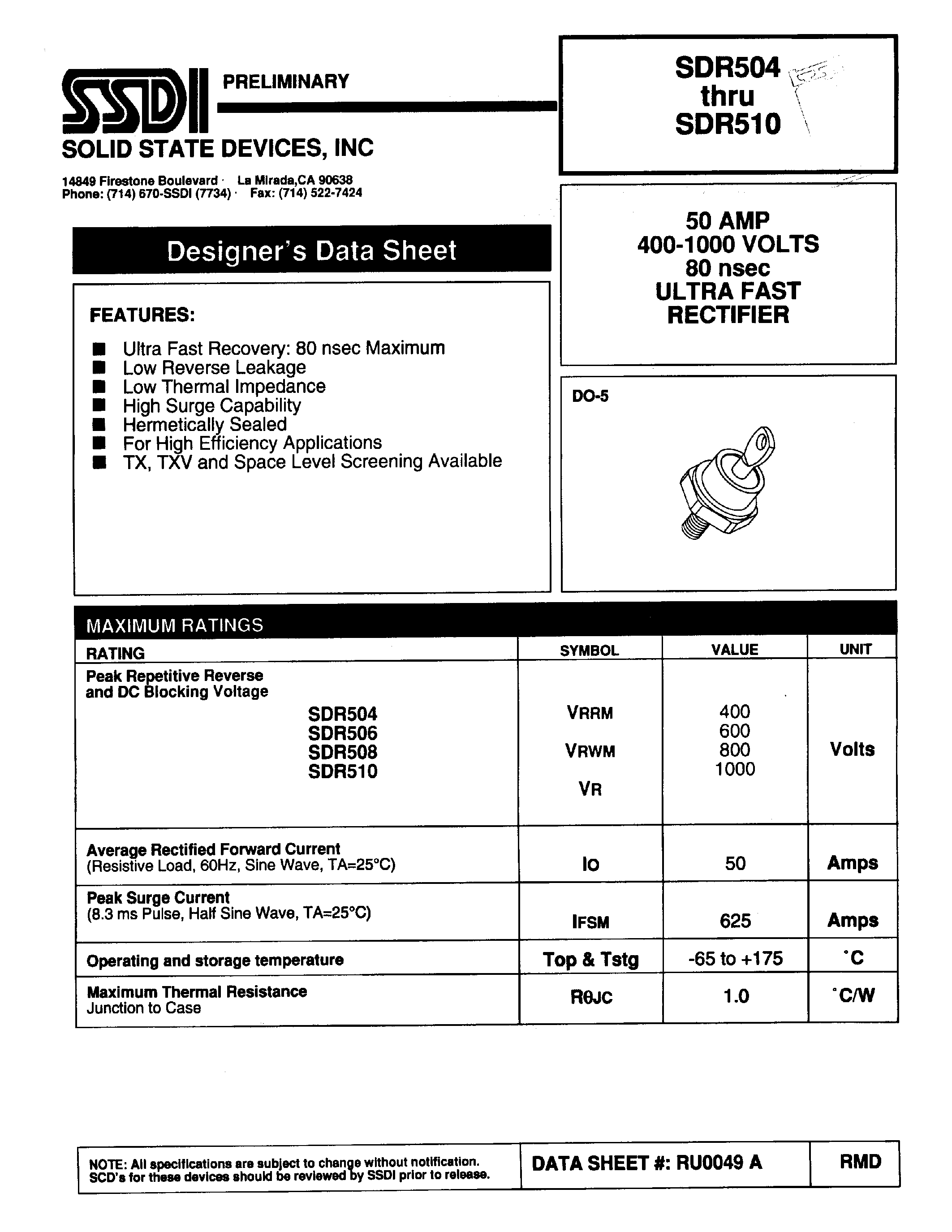 Datasheet SDR504 page 1 Datasheet SDR504 - (SDR504 - SDR510) ULTRA FAST RECOVERY RECTIFIER page 1