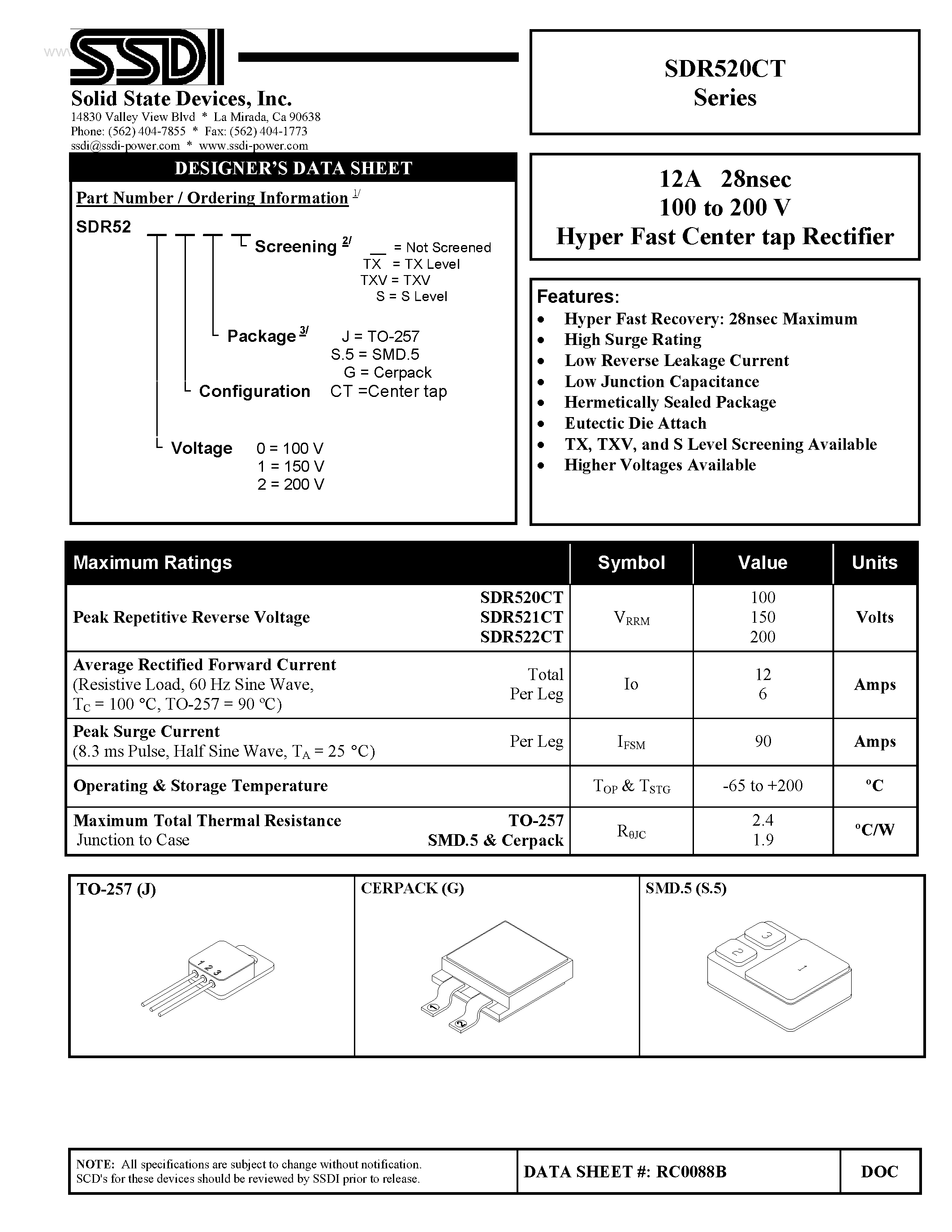 Datasheet SDR520CT page 1 Datasheet SDR520CT - (SDR520CT - SDR522CT) Hyper Fast Center tap Rectifier page 1