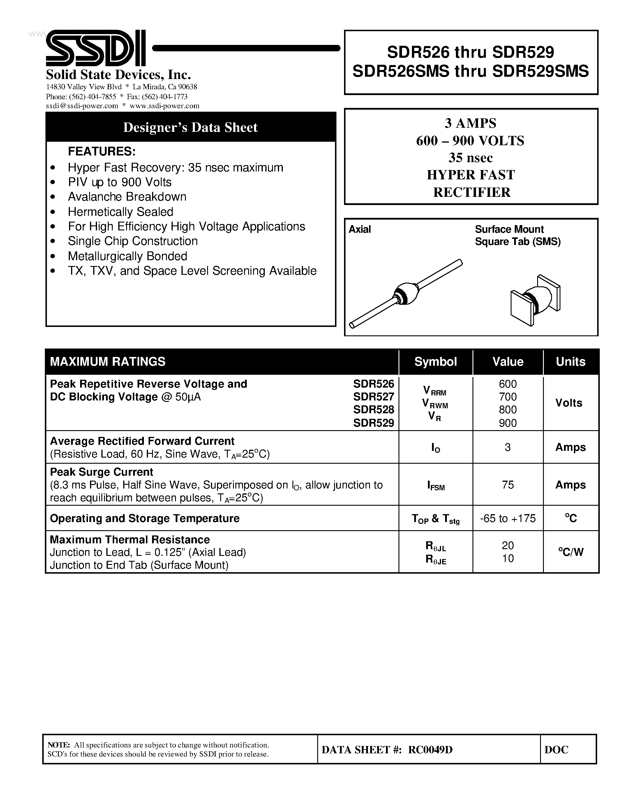 Datasheet SDR526 page 1 Datasheet SDR526 - (SDR526SMS - SDR529SMS) HYPER FAST RECTIFIER page 1