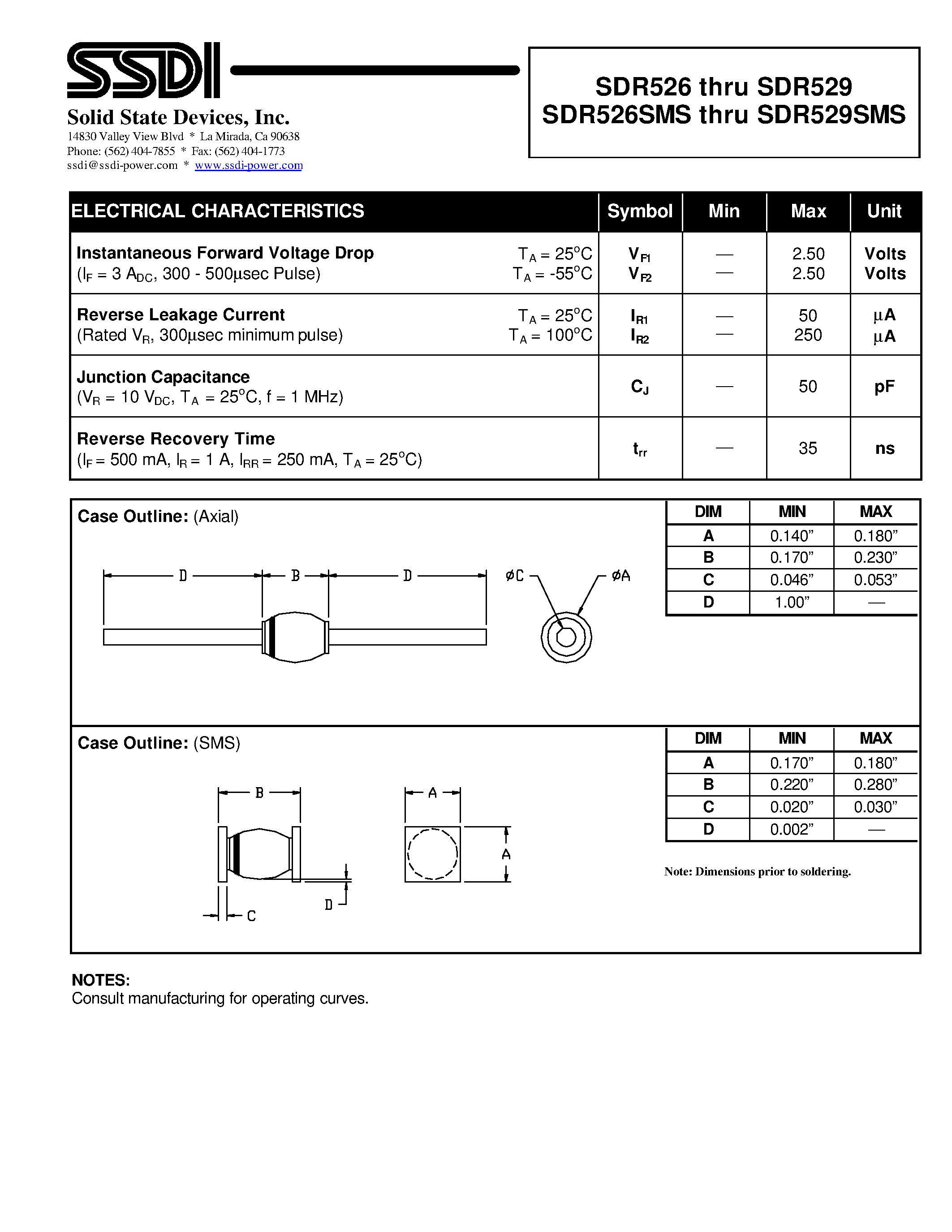Datasheet SDR526 page 2 Datasheet SDR526 - (SDR526SMS - SDR529SMS) HYPER FAST RECTIFIER page 2
