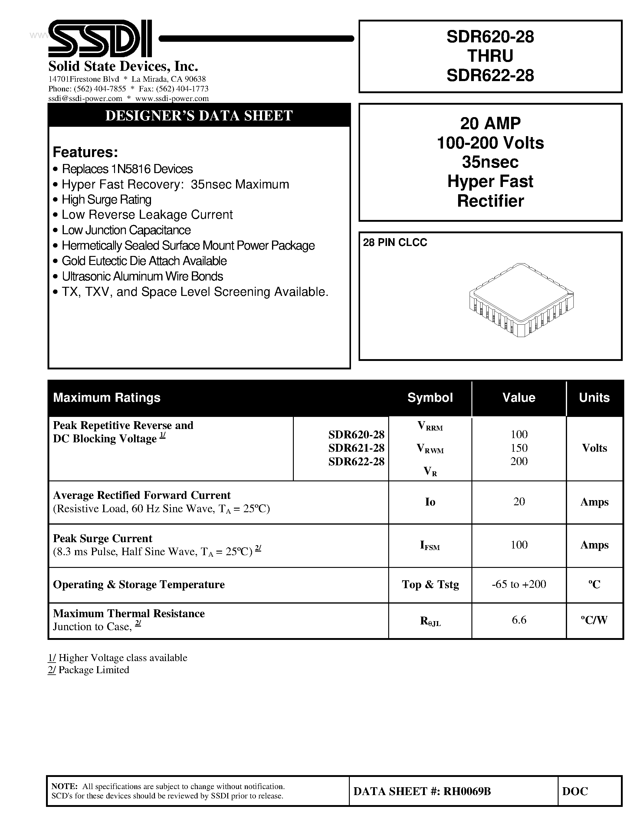 Datasheet SDR620-28 page 1 Datasheet SDR620-28 - (SDR620-28 - SDR622-28) Hyper Fast Rectifier page 1
