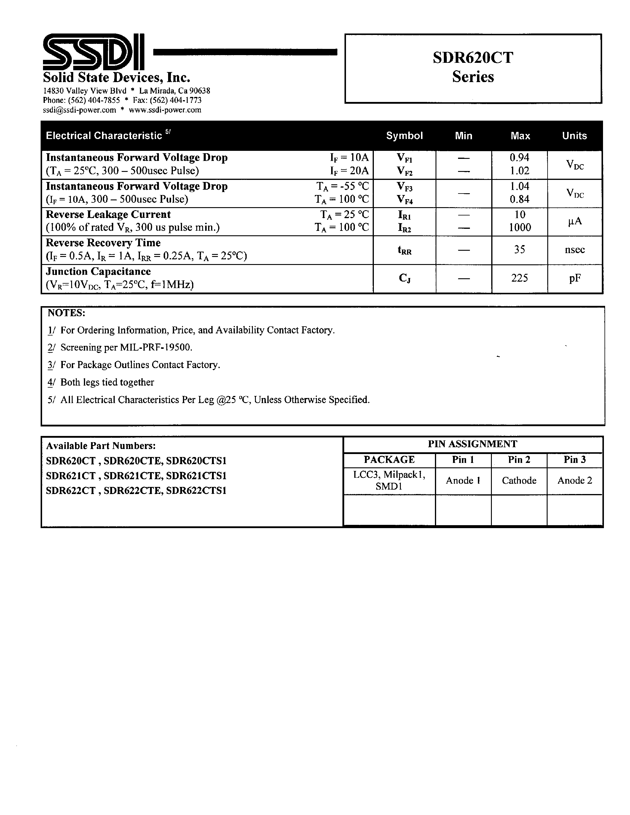Datasheet SDR620CT page 2 Datasheet SDR620CT - (SDR620CT - SDR622CT) HYPER FAST COMMOM CATHODE CENTERTAP RECTIFIER page 2