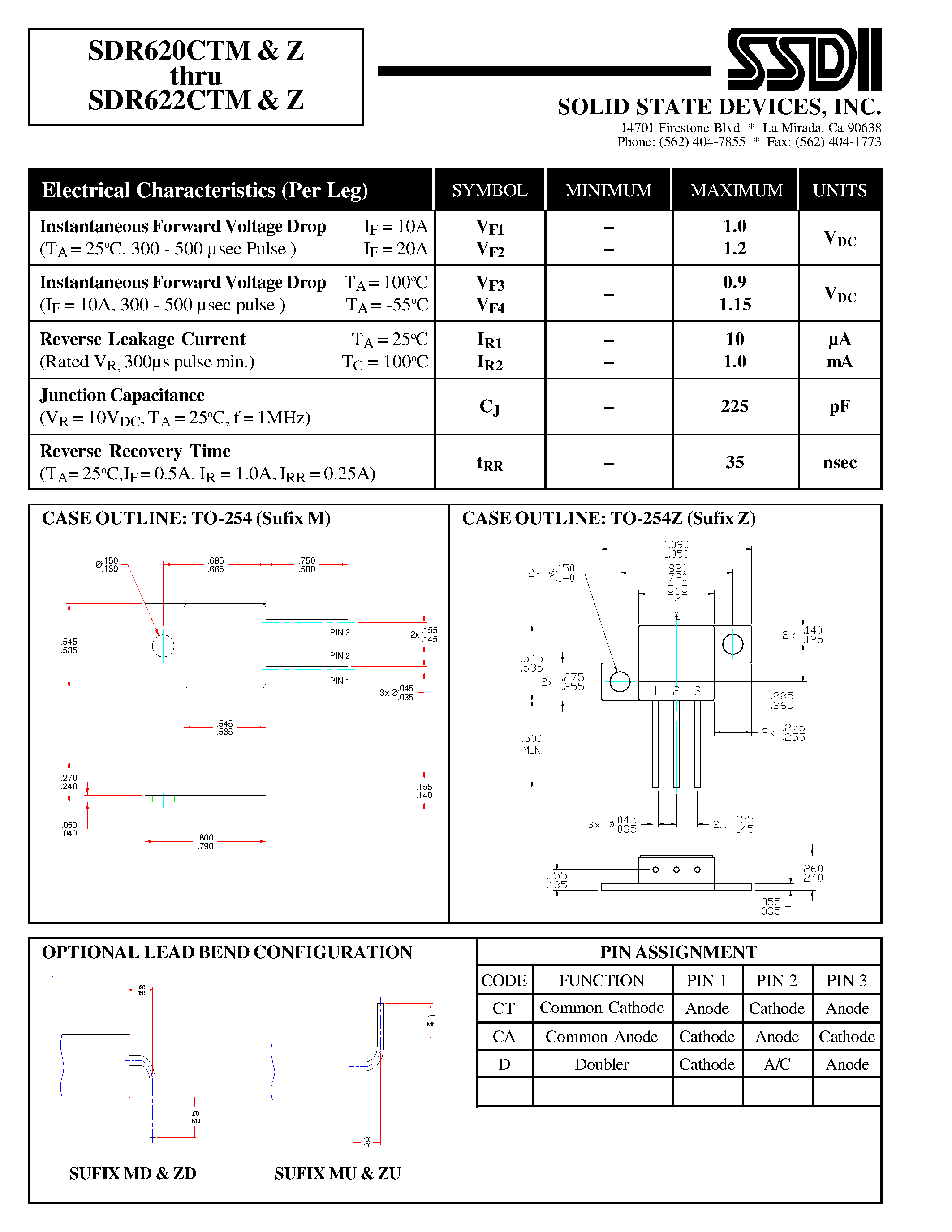 Datasheet SDR620CAM page 2 Datasheet SDR620CAM - (SDR620DZ - SDR622DZ) HYPER FAST COMMOM CATHODE CENTERTAP RECTIFIER page 2