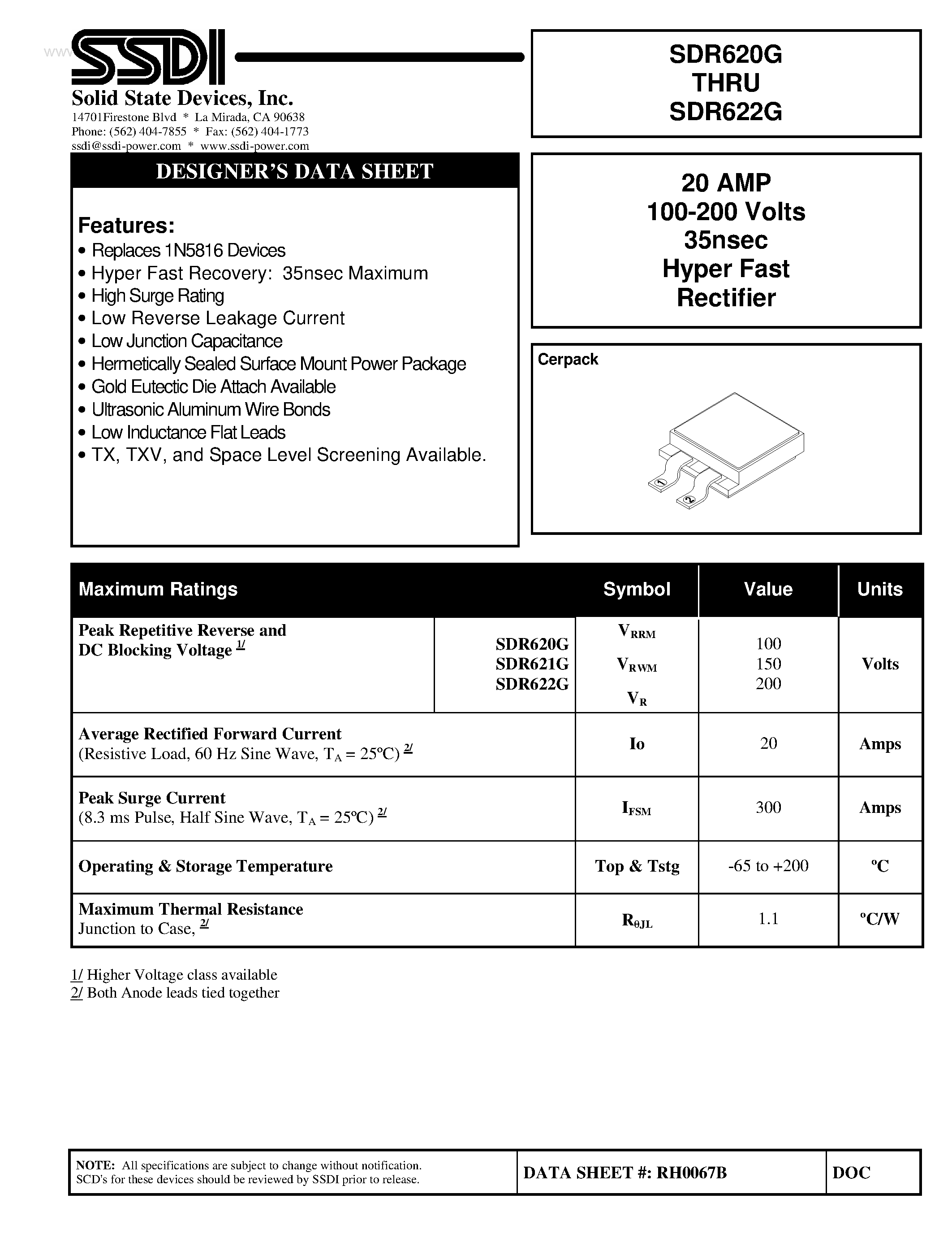 Datasheet SDR620G page 1 Datasheet SDR620G - (SDR620G - SDR622G) Hyper Fast Rectifier page 1