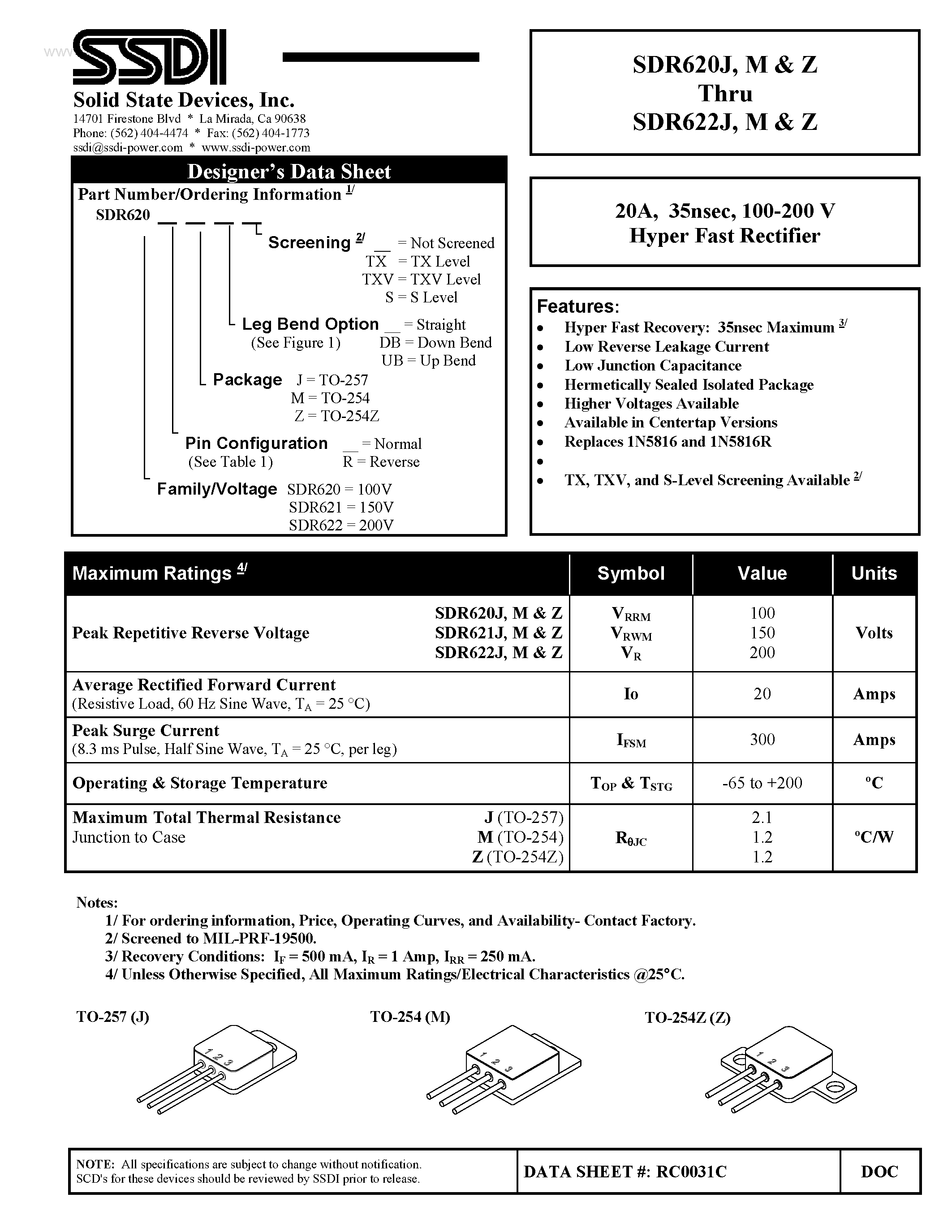 Datasheet SDR620J page 1 Datasheet SDR620J - (SDR620x - SDR622x) Hyper Fast Rectifier page 1