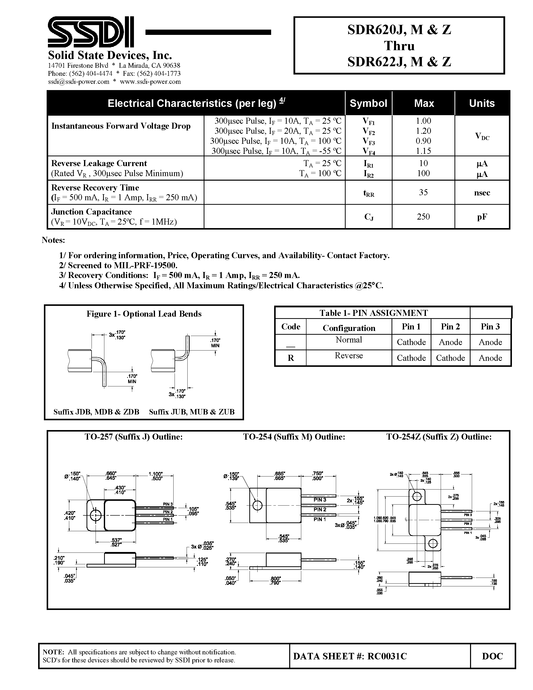 Datasheet SDR620J page 2 Datasheet SDR620J - (SDR620x - SDR622x) Hyper Fast Rectifier page 2