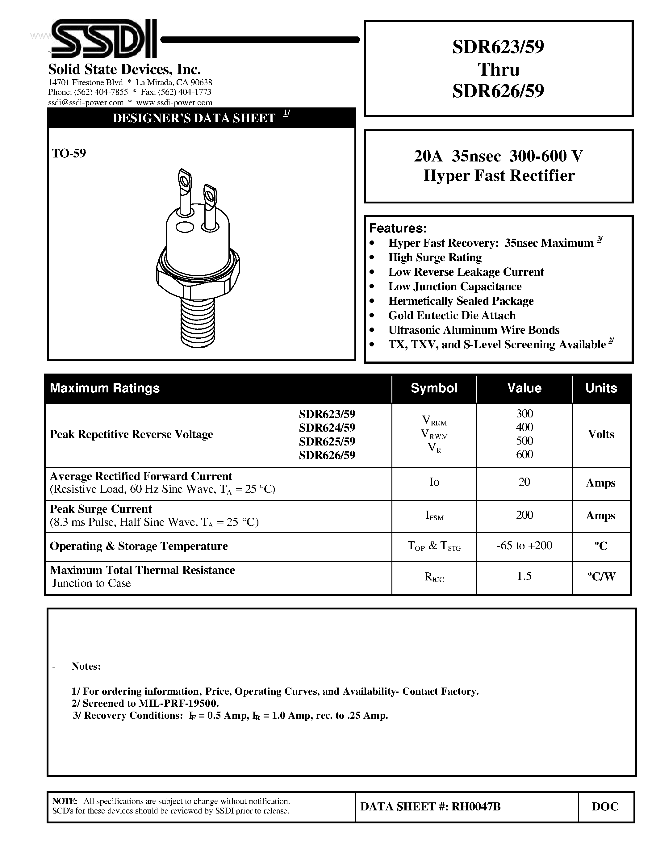 Datasheet SDR623/59 page 1 Datasheet SDR623/59 - (SDR623/59 - SDR626/59) Hyper Fast Rectifier page 1