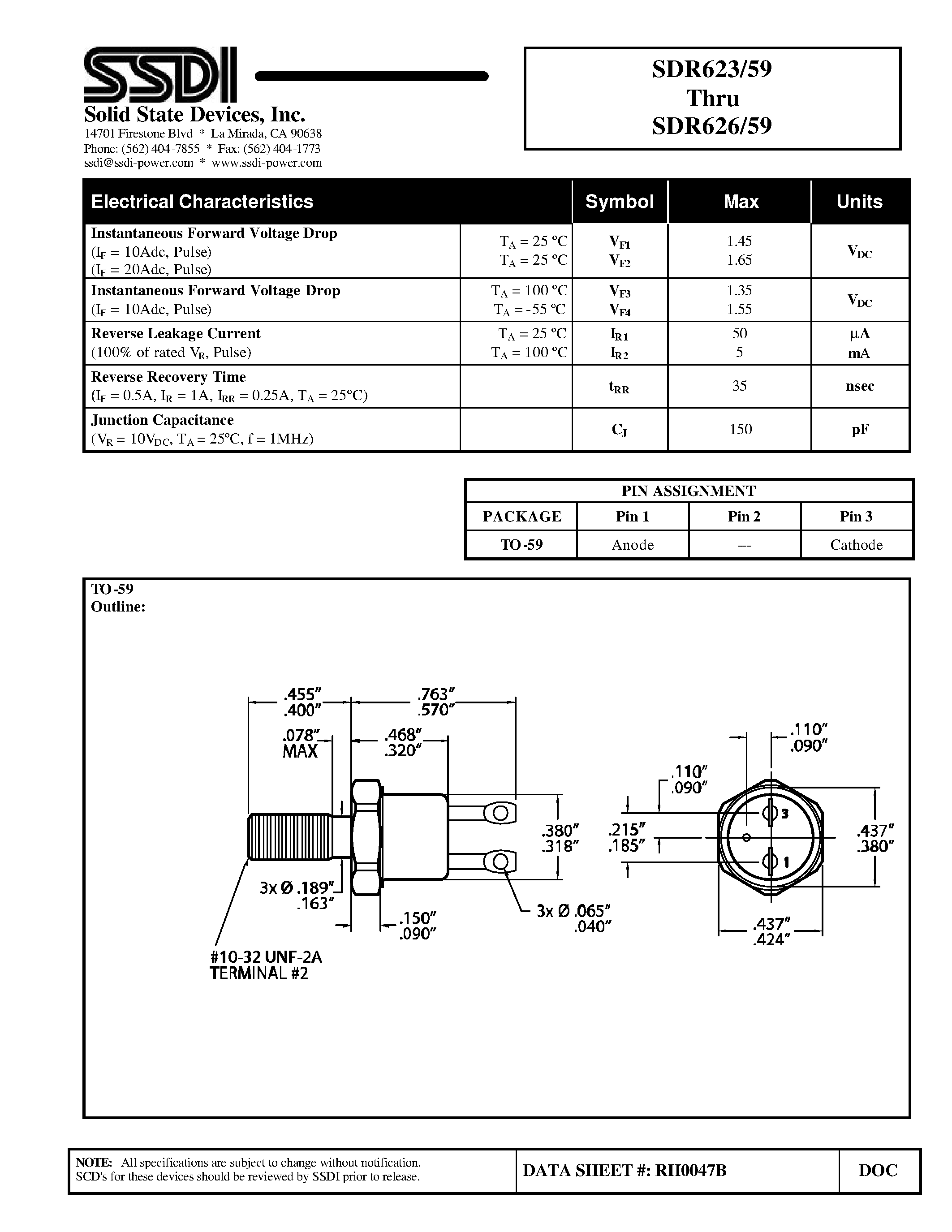 Datasheet SDR623/59 page 2 Datasheet SDR623/59 - (SDR623/59 - SDR626/59) Hyper Fast Rectifier page 2