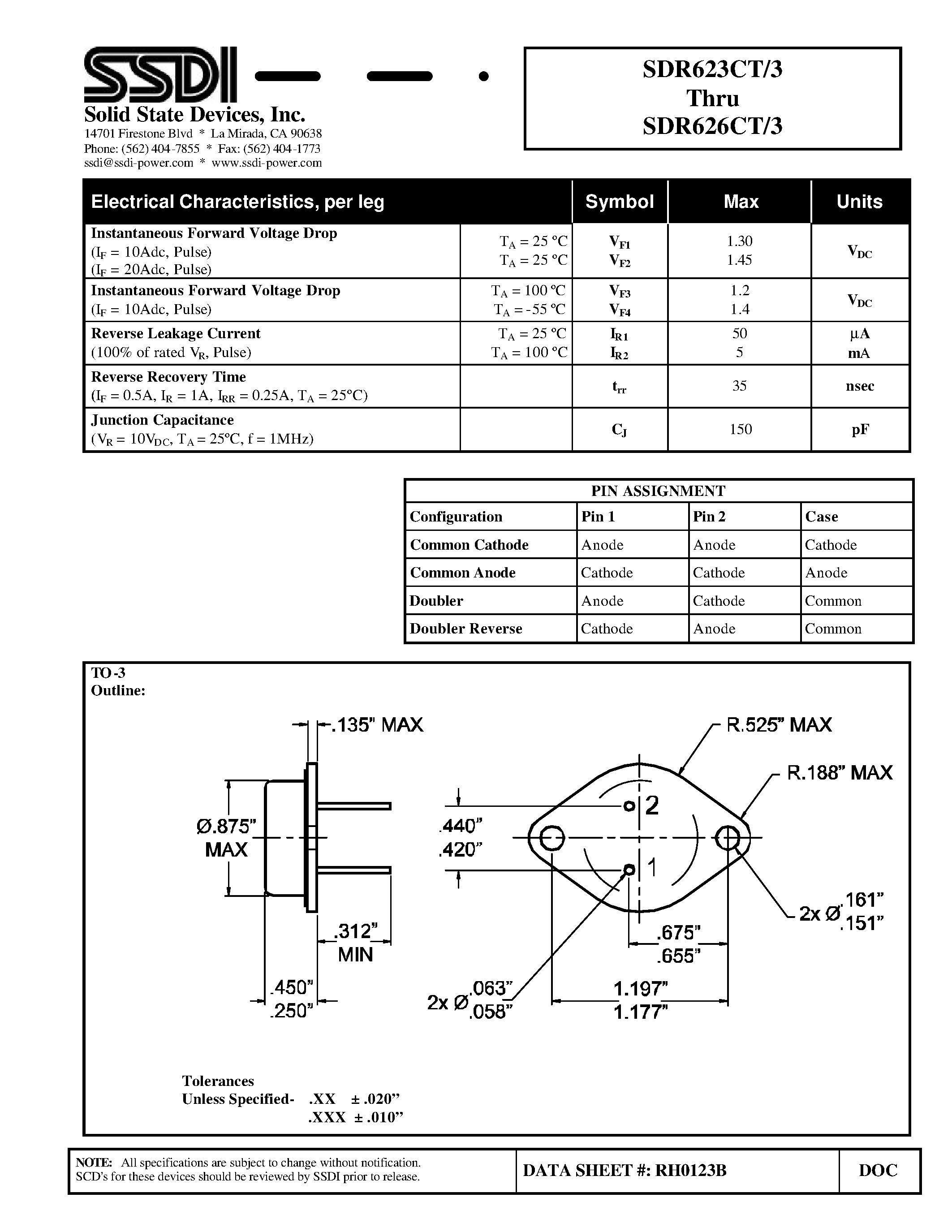 Даташит на микросхему SDR623CT/3 страница 2 Даташит SDR623CT/3 - (SDR623CT/3 - SDR626CT/3) Hyper Fast Centertap Rectifier страница 2