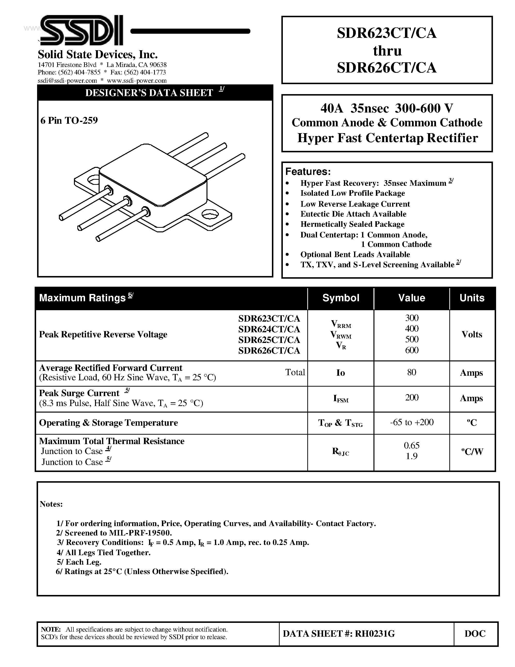 Datasheet SDR623CT/CA page 1 Datasheet SDR623CT/CA - (SDR623CT/CA - SDR626CT/CA) Common Anode & Common Cathode Hyper Fast Centertap Rectifier page 1