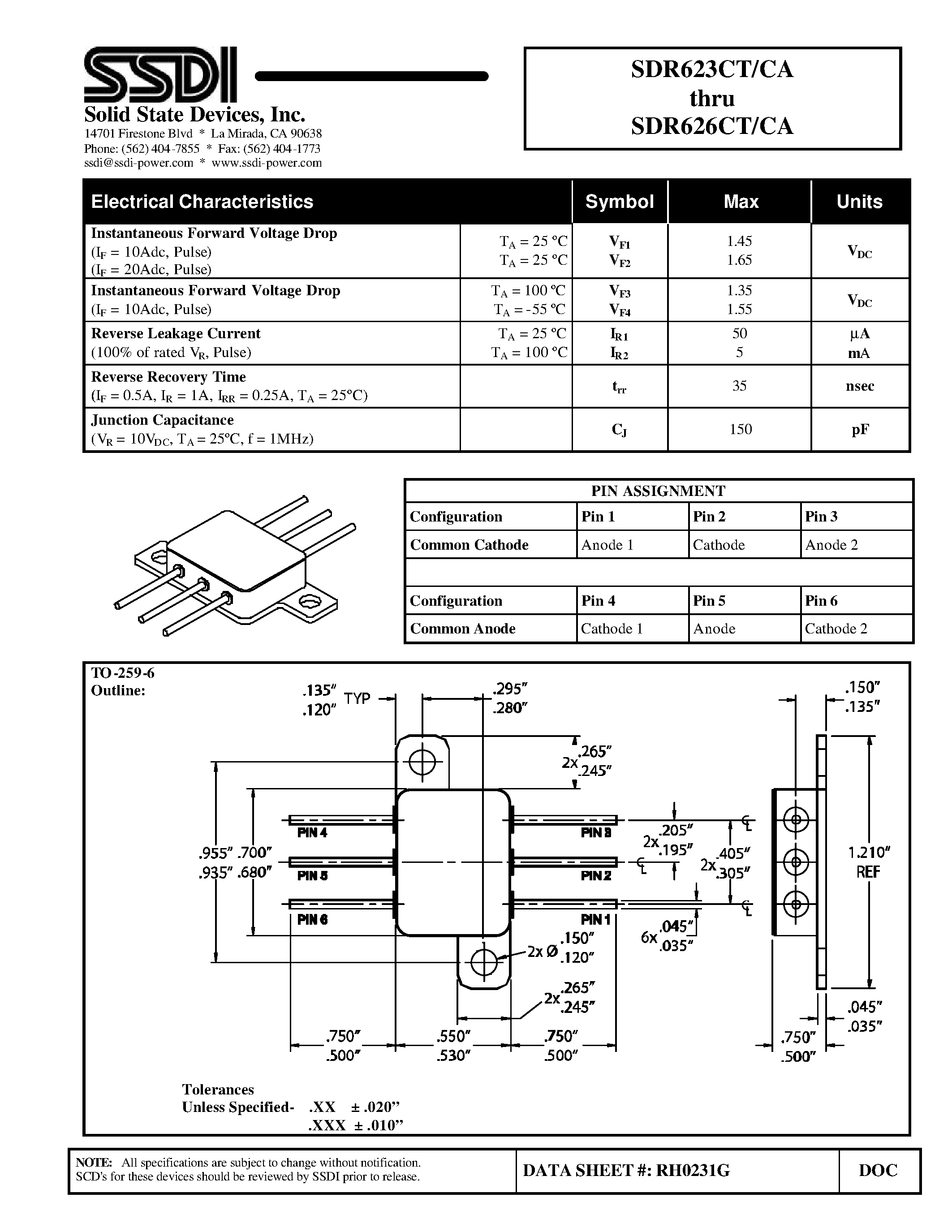 Datasheet SDR623CT/CA page 2 Datasheet SDR623CT/CA - (SDR623CT/CA - SDR626CT/CA) Common Anode & Common Cathode Hyper Fast Centertap Rectifier page 2