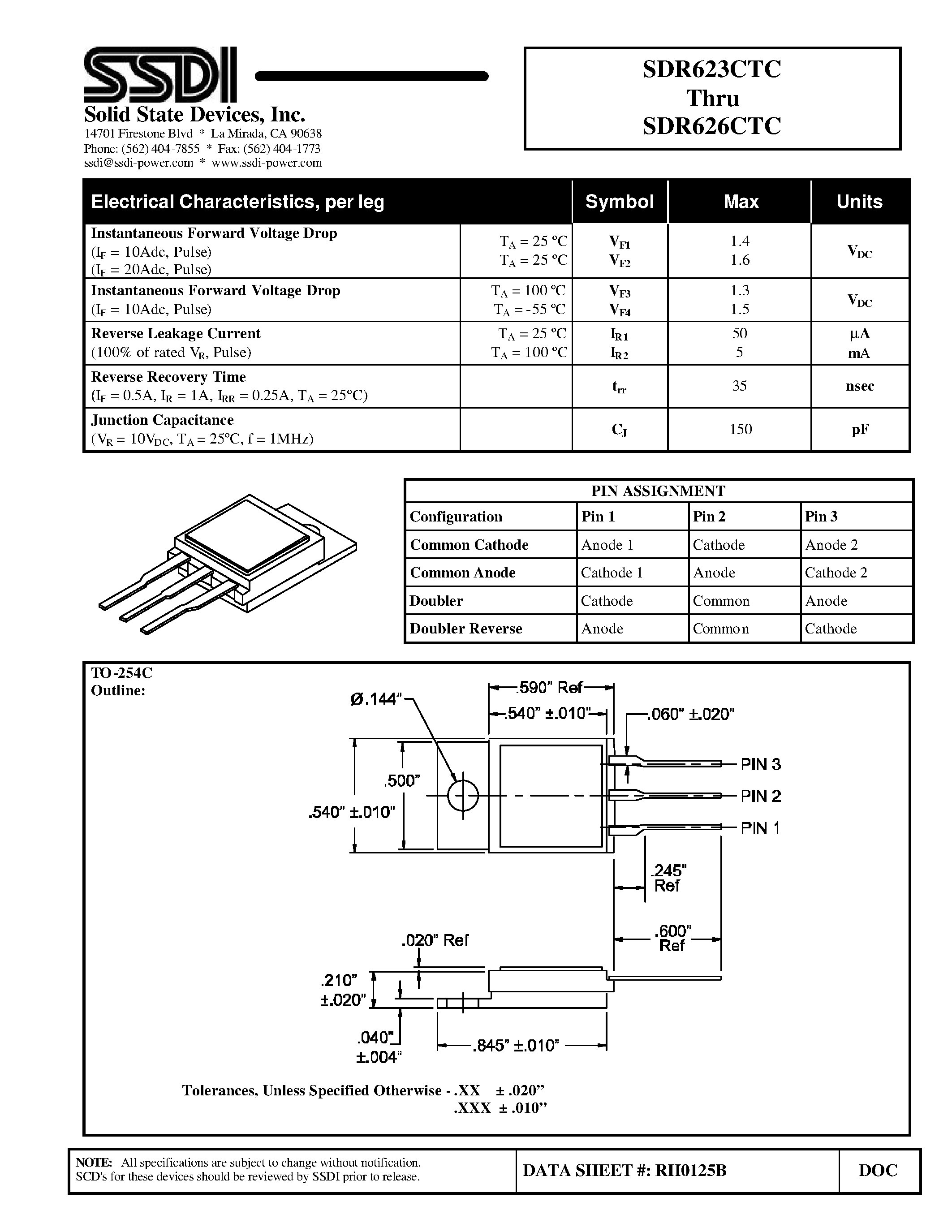 Datasheet SDR623CTC page 2 Datasheet SDR623CTC - (SDR623CTC - SDR626CTC) Hyper Fast Centertap Rectifier page 2