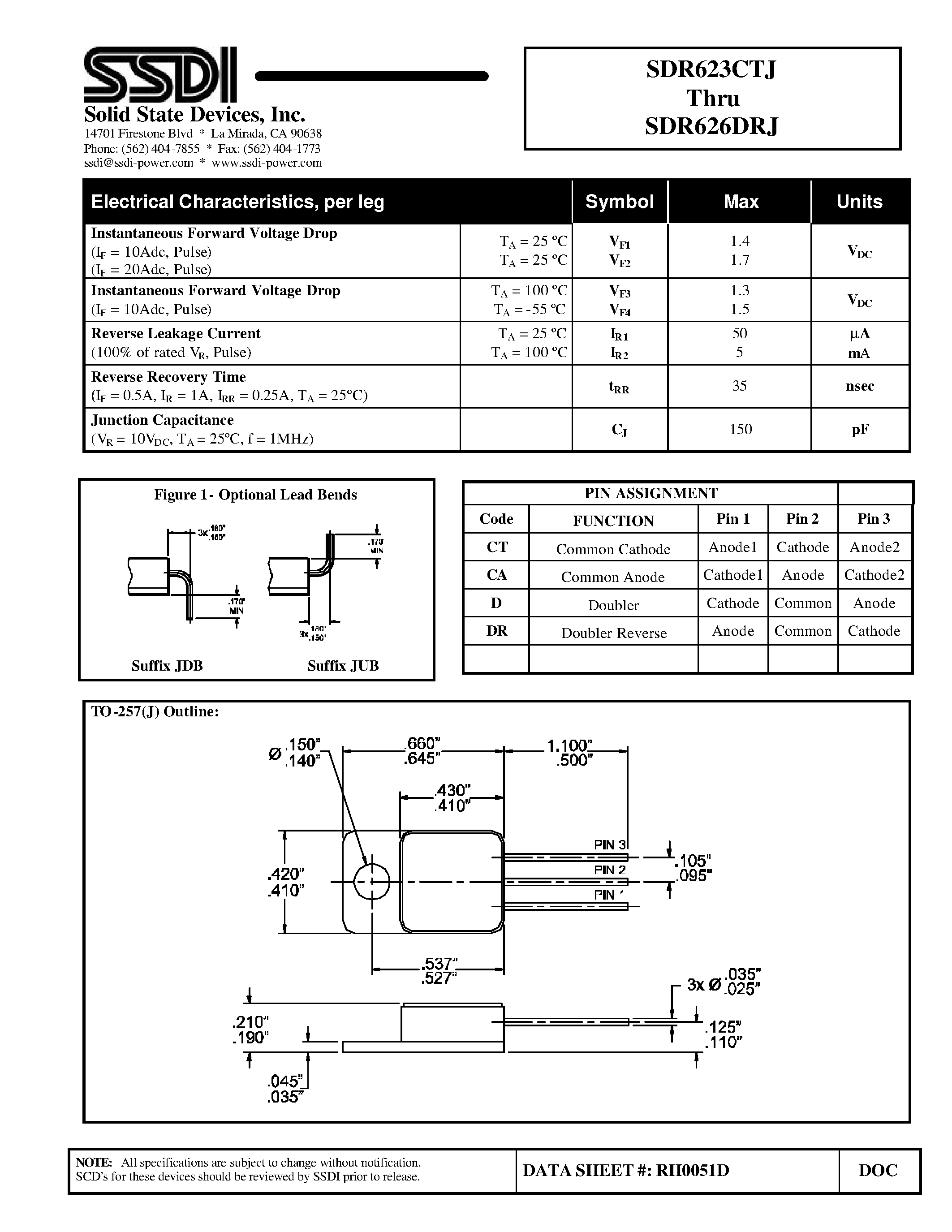 Datasheet SDR623CTJ page 2 Datasheet SDR623CTJ - (SDR623CTJ - SDR626CTJ) Hyper Fast Centertap Rectifier page 2