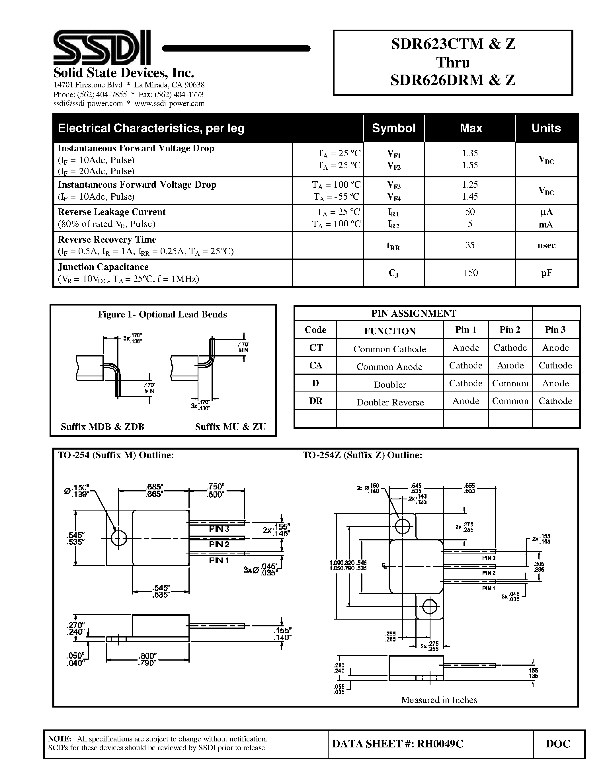 Datasheet SDR623CTM page 2 Datasheet SDR623CTM - (SDR623DRM - SDR626DRM) Hyper Fast Centertap Rectifier page 2