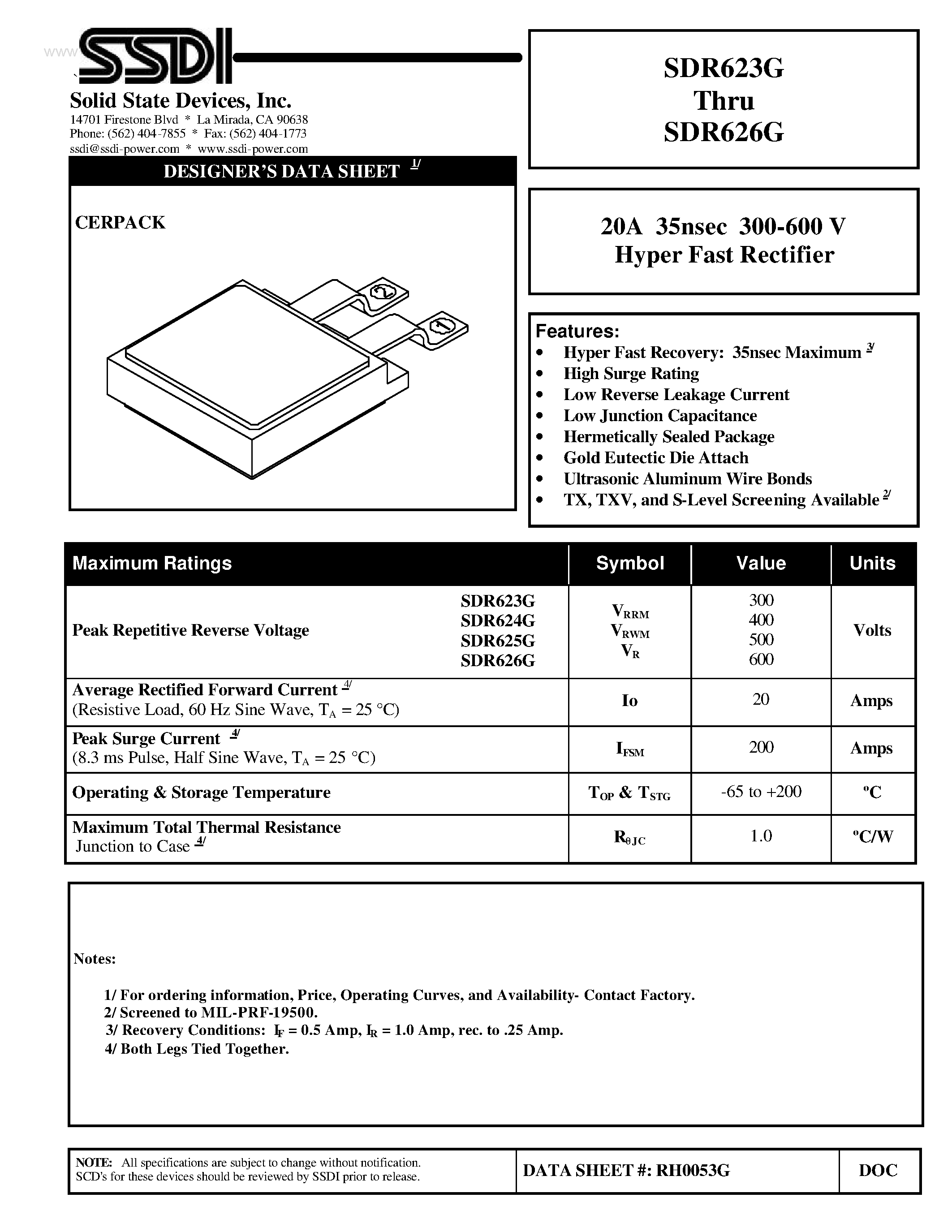 Datasheet SDR623G page 1 Datasheet SDR623G - (SDR623G - SDR626G) Hyper Fast Rectifier page 1