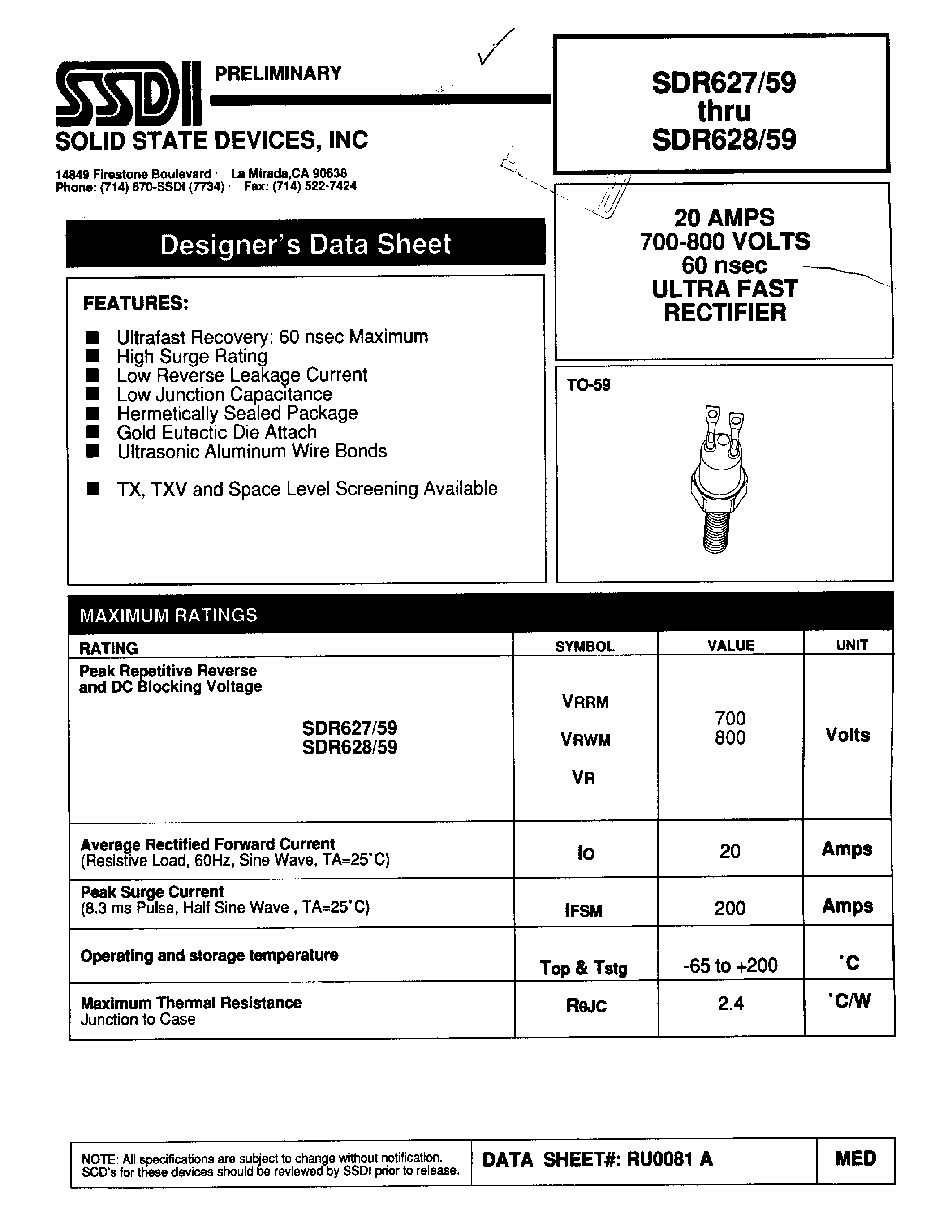 Datasheet SDR627/59 page 1 Datasheet SDR627/59 - (SDR627/59 / SDR628/59) ULTRA FAST RECTIFIER page 1