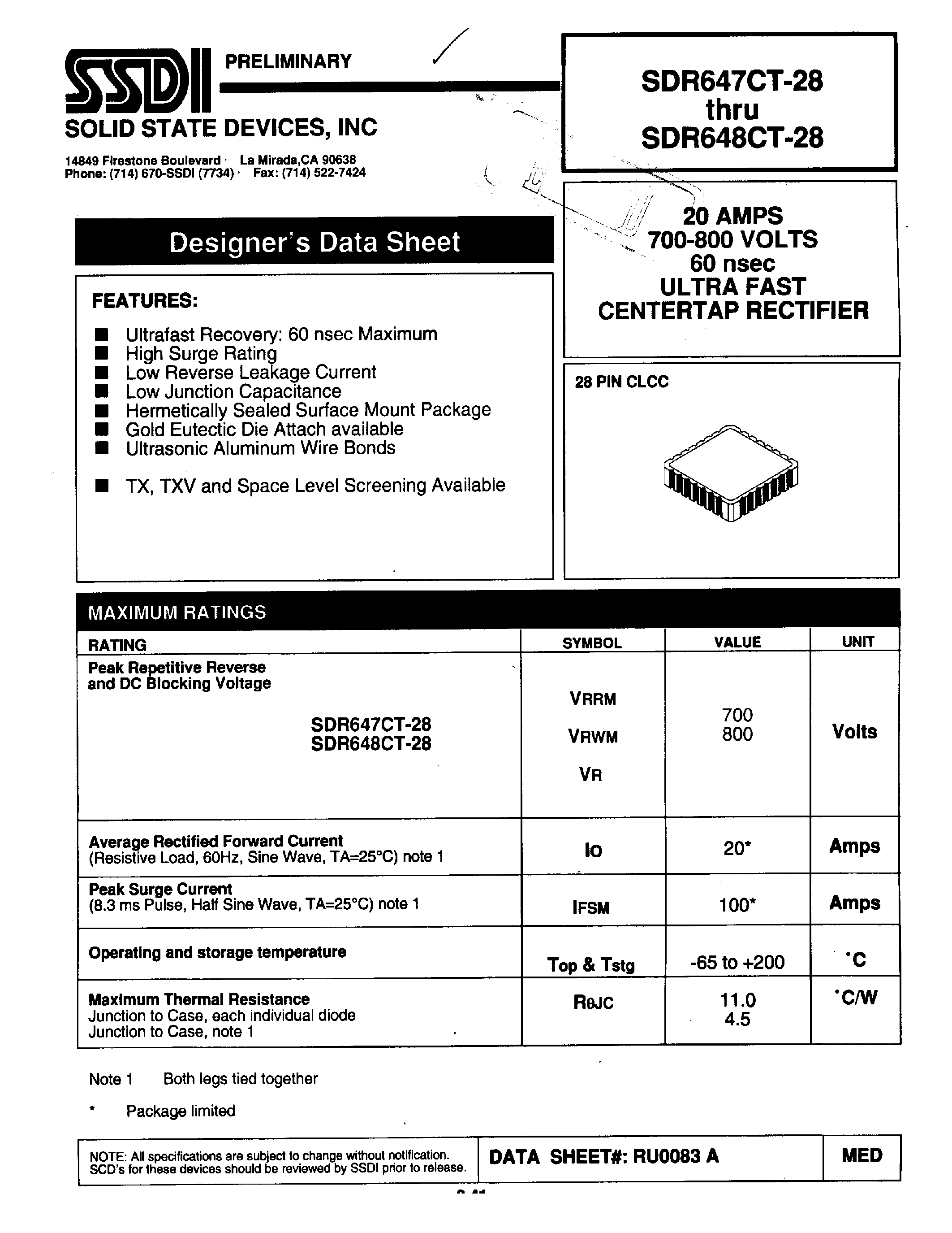 Datasheet SDR647CT-28 page 1 Datasheet SDR647CT-28 - (SDR647CT-28 / SDR648CT-28) ULTRA FAST CENTERTAP RECTIFIER page 1