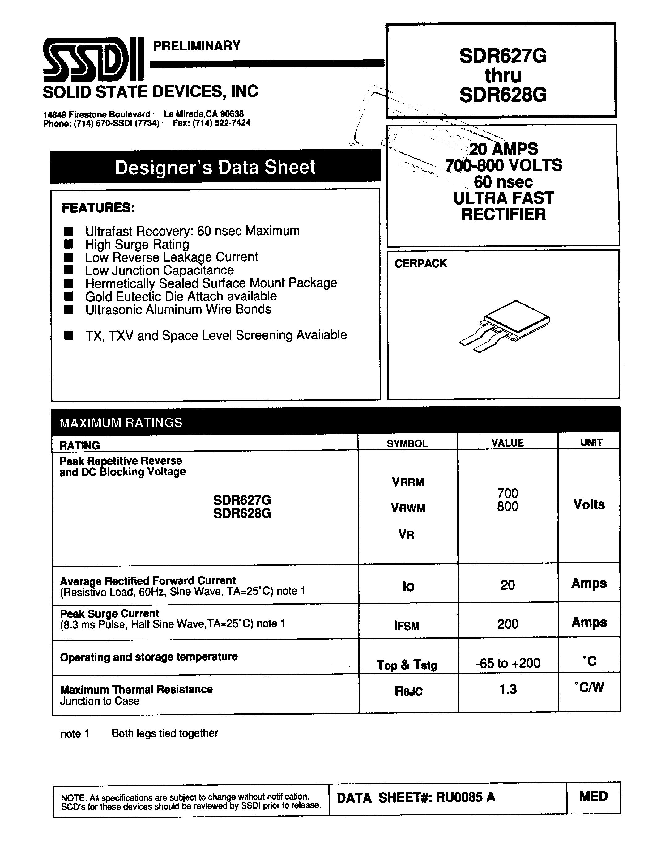 Datasheet SDR627G page 1 Datasheet SDR627G - (SDR627G / SDR628G) ULTRA FAST RECTIFIER page 1