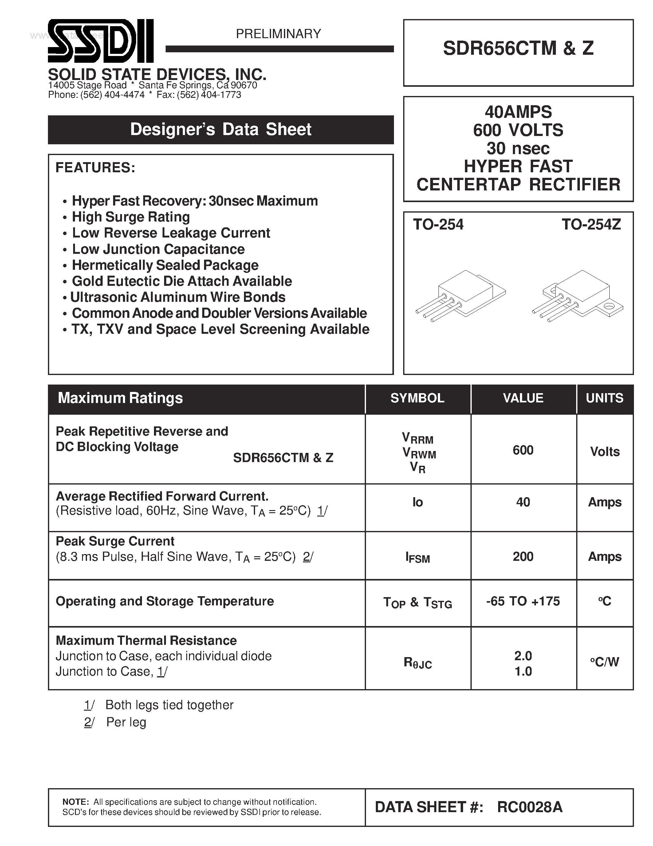 Datasheet SDR656CTM page 1 Datasheet SDR656CTM - HYPER FAST CENTERTAP RECTIFIER page 1