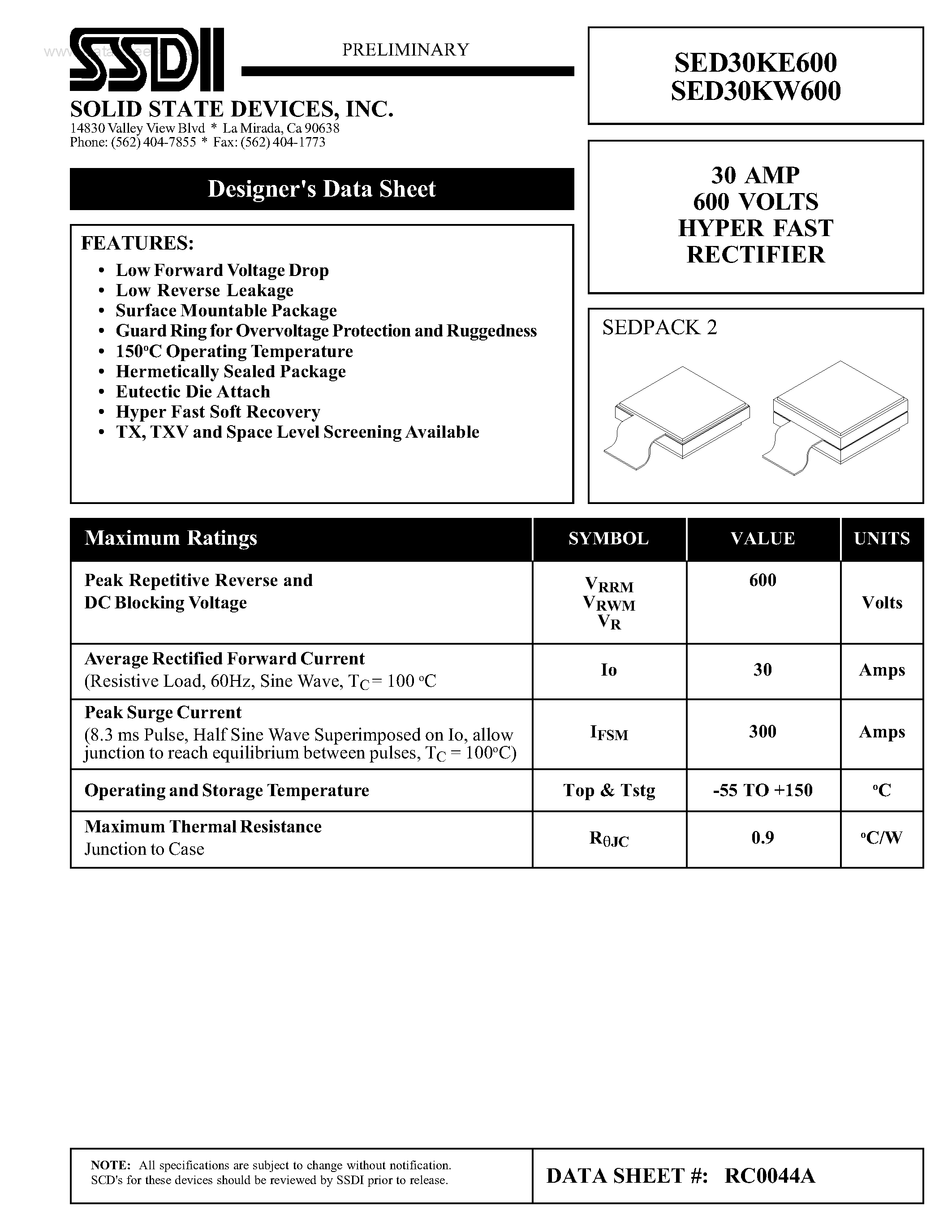 Datasheet SED30KE600 page 1 Datasheet SED30KE600 - HYPER FAST RECTIFIER page 1