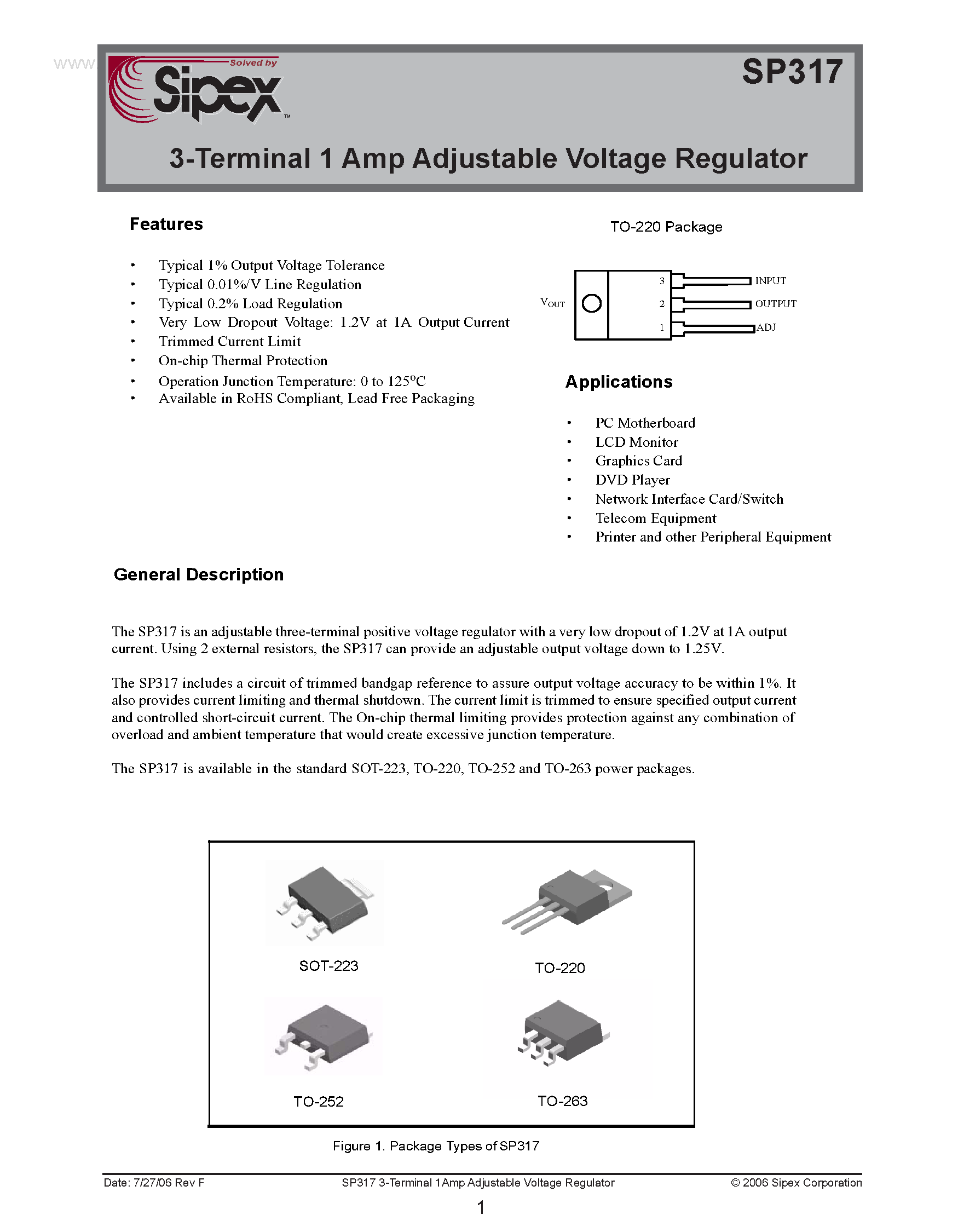 Datasheet SP317 - 3-Terminal 1 Amp Adjustable Voltage Regulator page 1