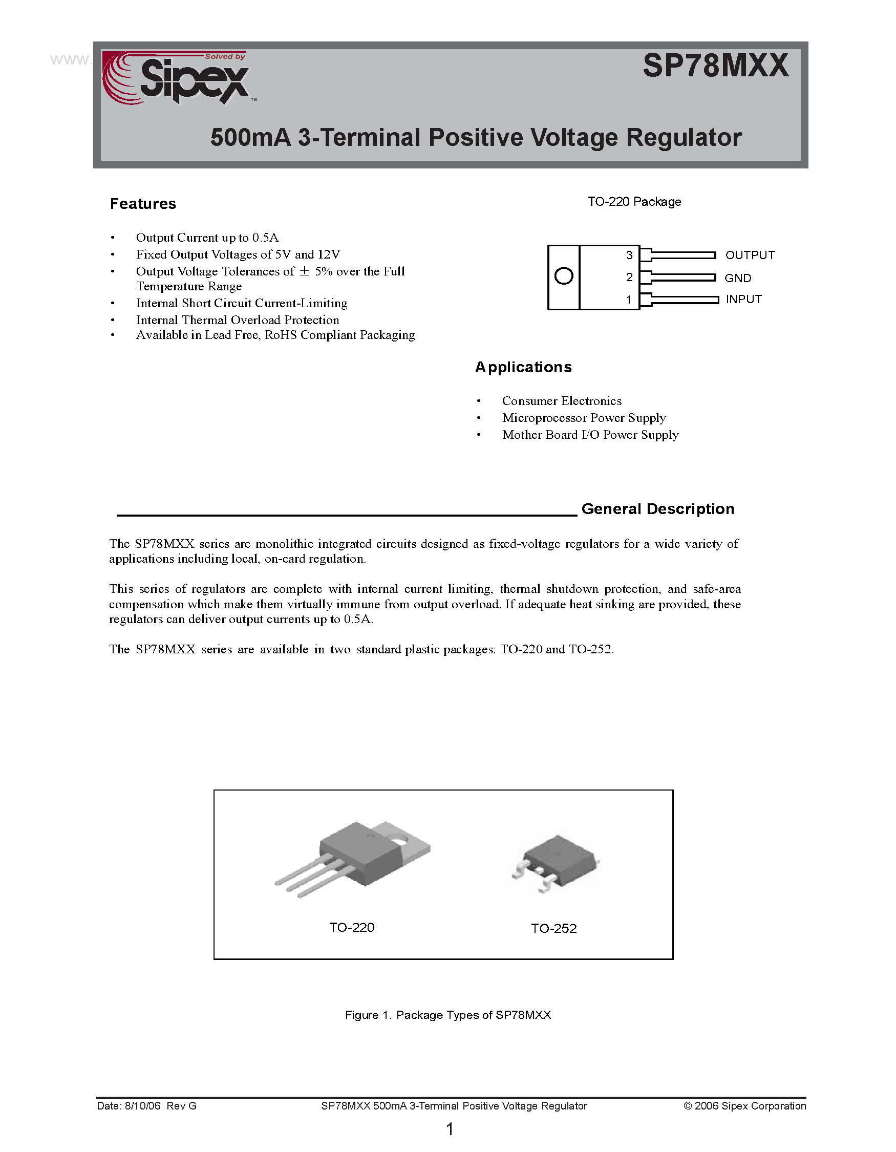 Datasheet SP78Mxx page 1 Datasheet SP78Mxx - (SP78Mxx) 500mA 3-Terminal Positive Voltage Regulator page 1
