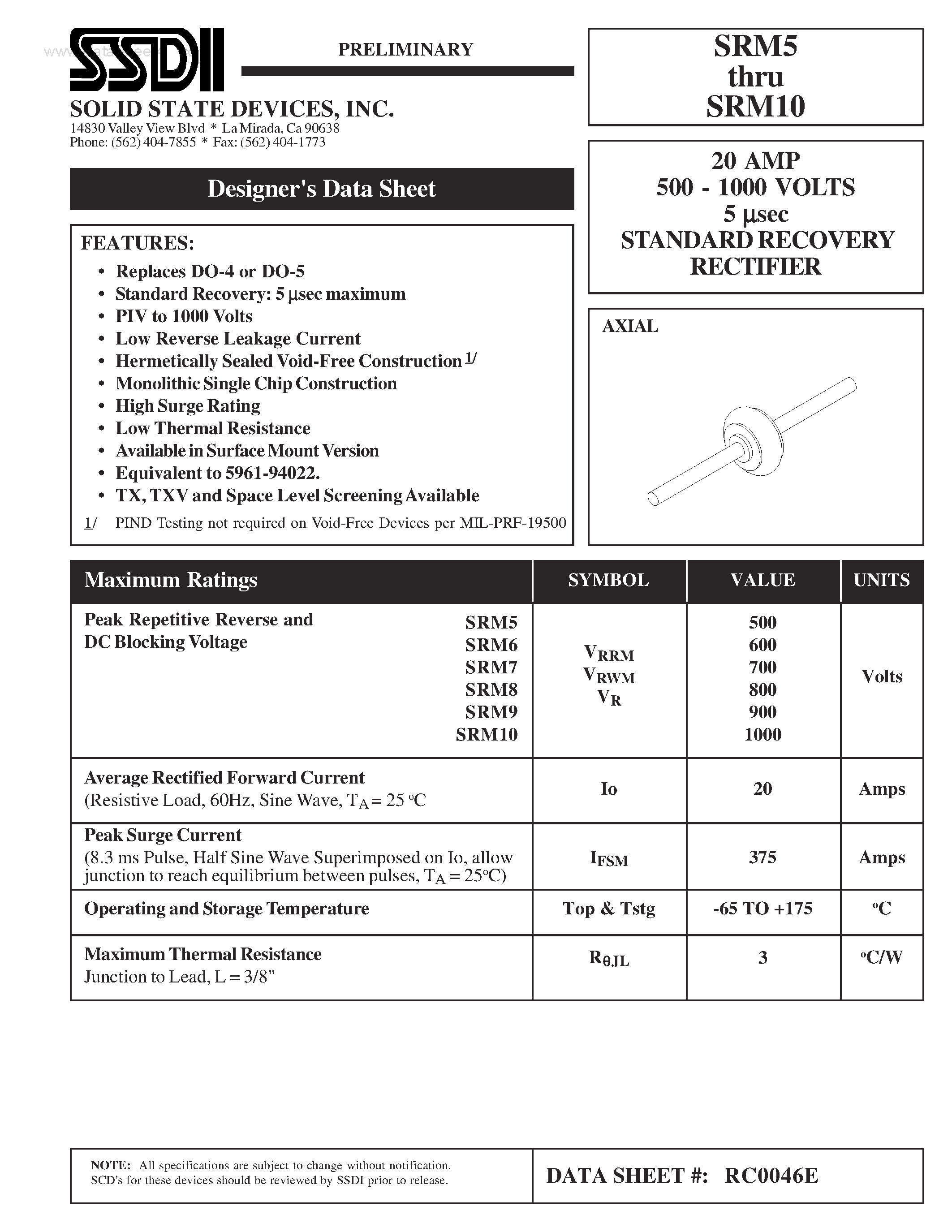 Даташит на микросхему SRM10 страница 1 Даташит SRM10 - (SRM5 - SRM10) STANDARD RECOVERY RECTIFIER страница 1