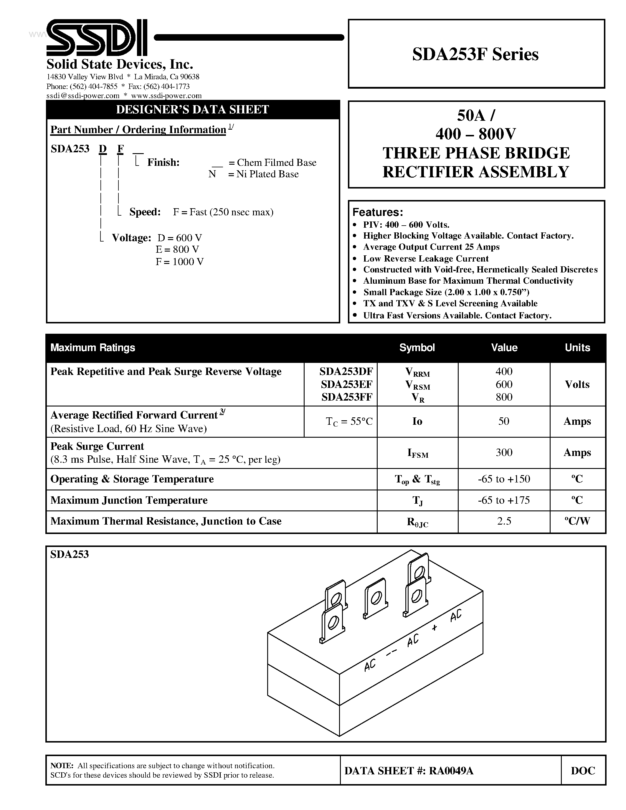 Datasheet SDA253F page 1 Datasheet SDA253F - THREE PHASE BRIDGE RECTIFIER ASSEMBLY page 1