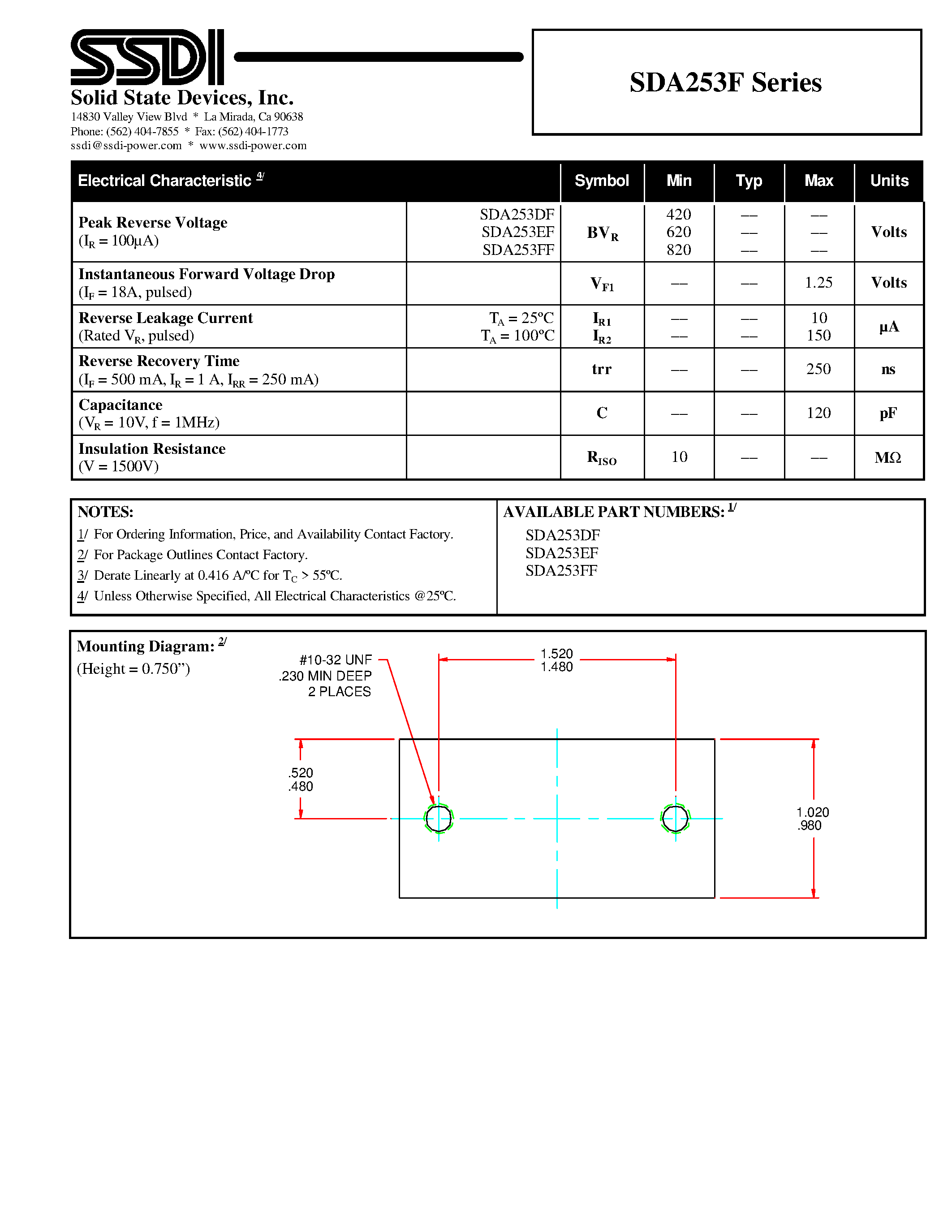 Datasheet SDA253F page 2 Datasheet SDA253F - THREE PHASE BRIDGE RECTIFIER ASSEMBLY page 2