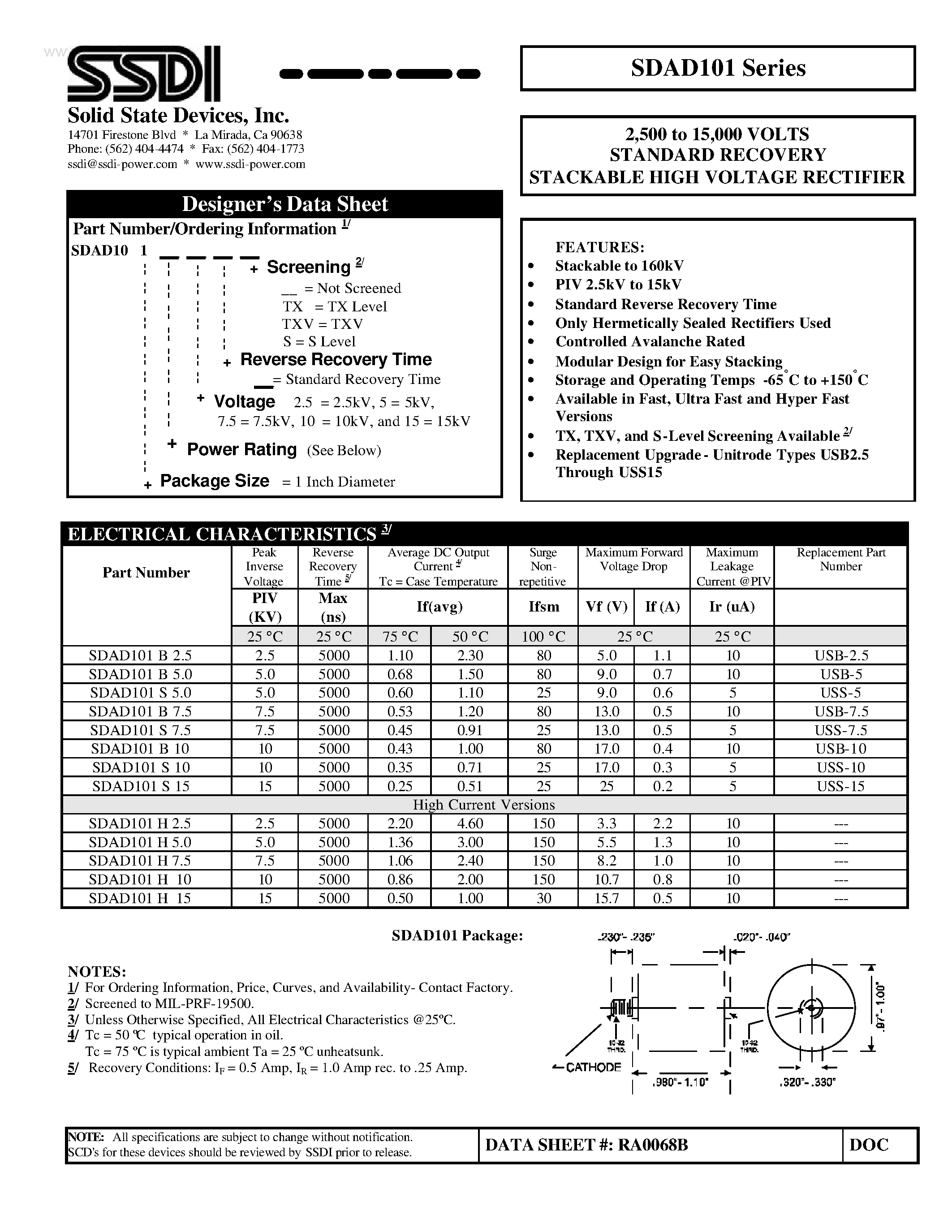 Datasheet SDAD101 page 1 Datasheet SDAD101 - STANDARD RECOVERY STACKABLE HIGH VOLTAGE RECTIFIER page 1