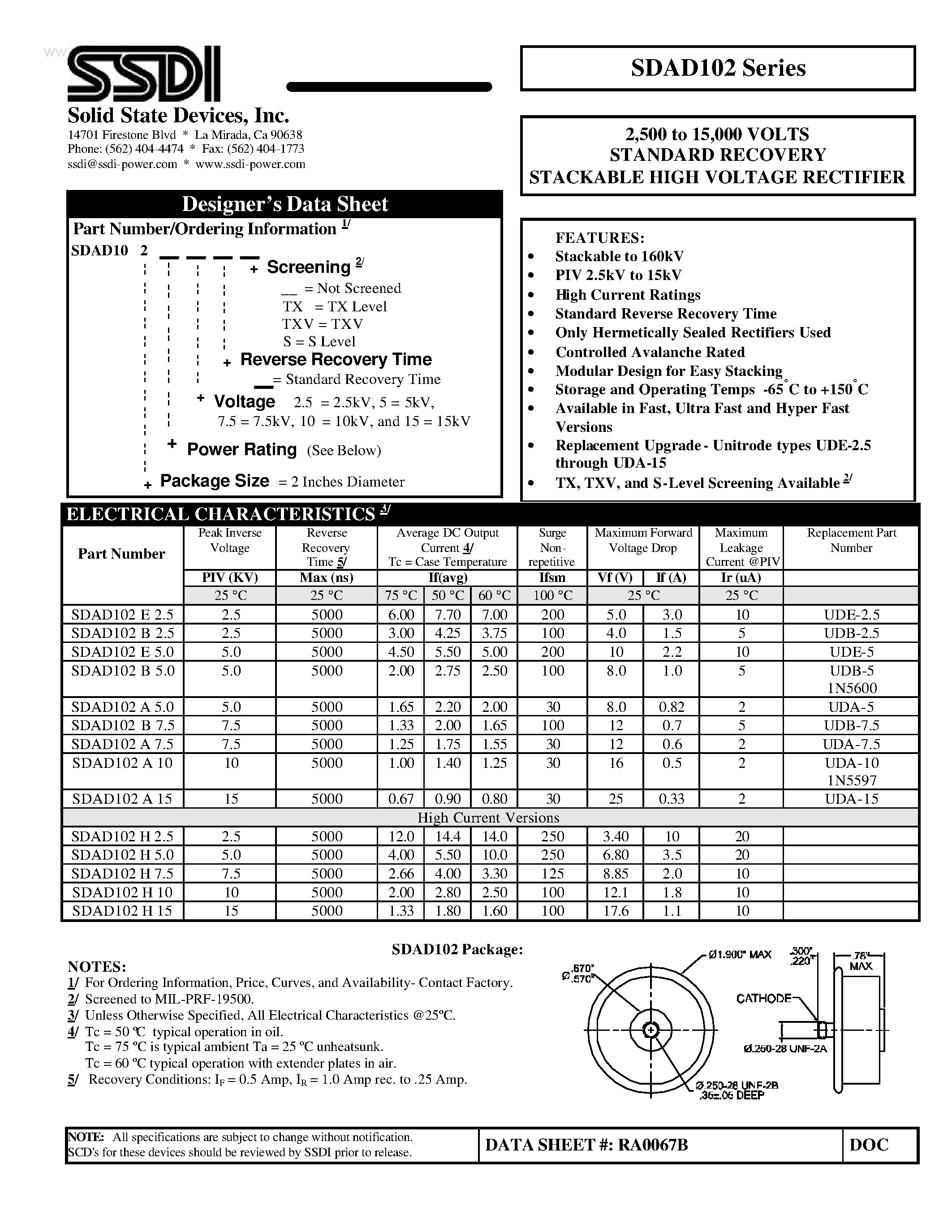 Datasheet SDAD102 page 1 Datasheet SDAD102 - STANDARD RECOVERY STACKABLE HIGH VOLTAGE RECTIFIER page 1