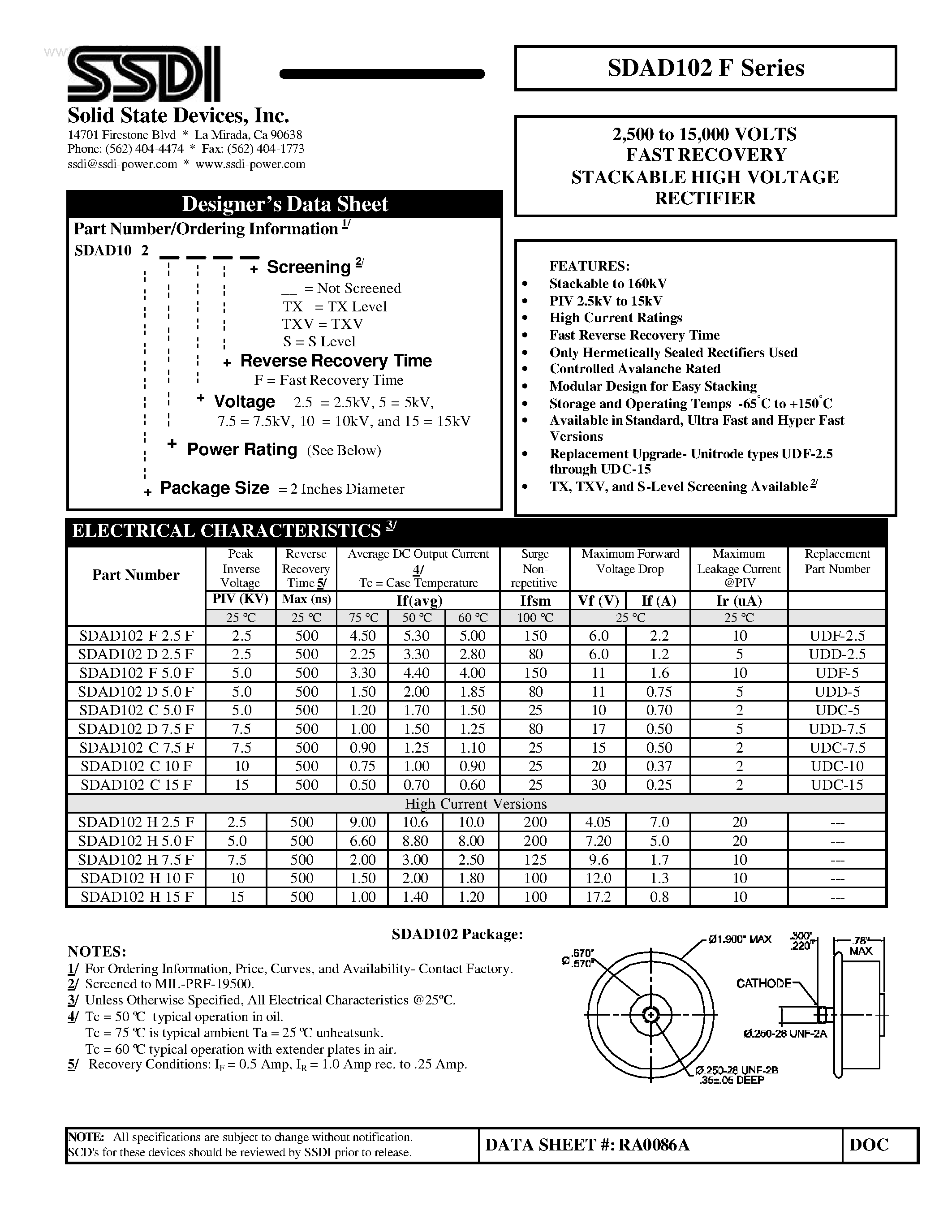 Datasheet SDAD102F - STANDARD RECOVERY STACKABLE HIGH VOLTAGE RECTIFIER page 1