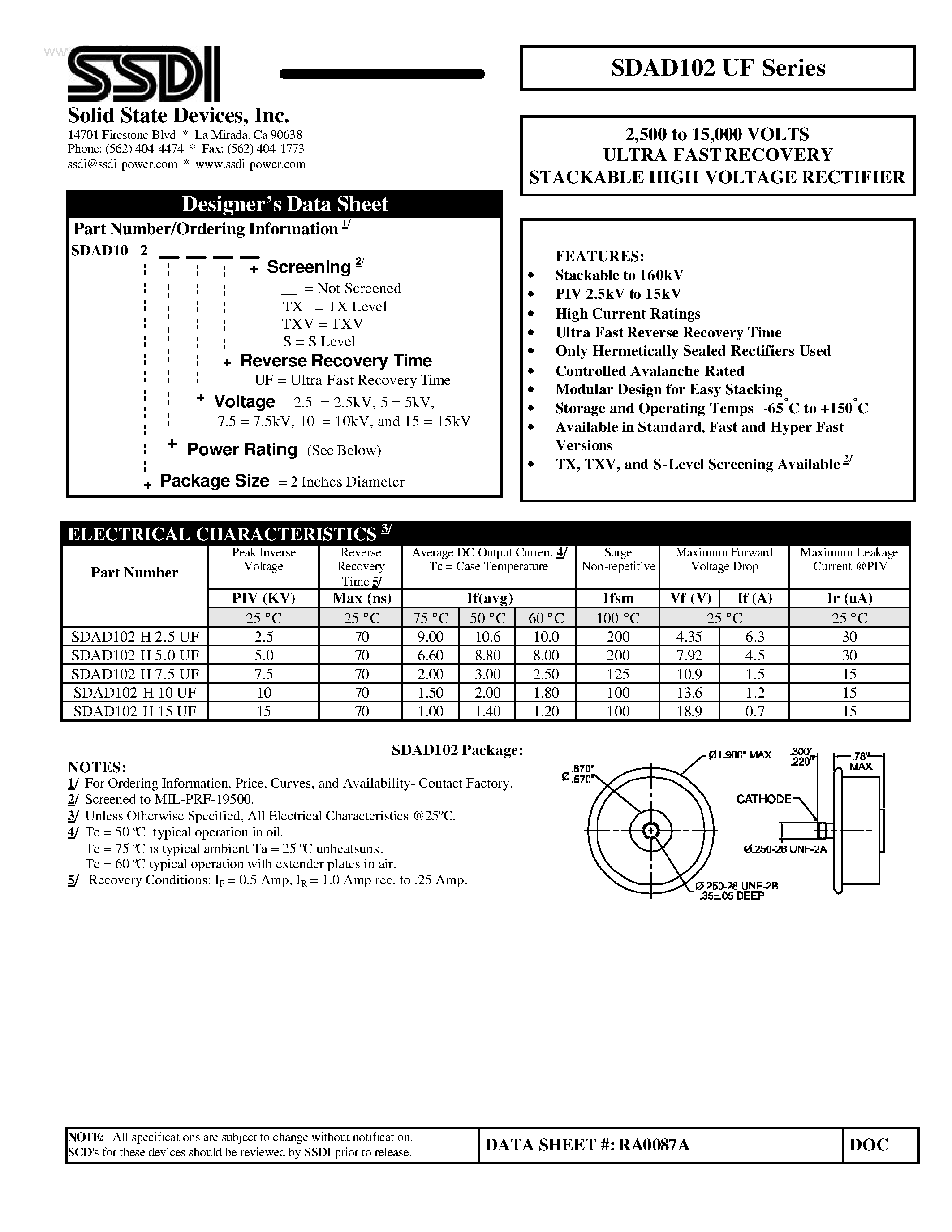 Datasheet SDAD102UF - STANDARD RECOVERY STACKABLE HIGH VOLTAGE RECTIFIER page 1