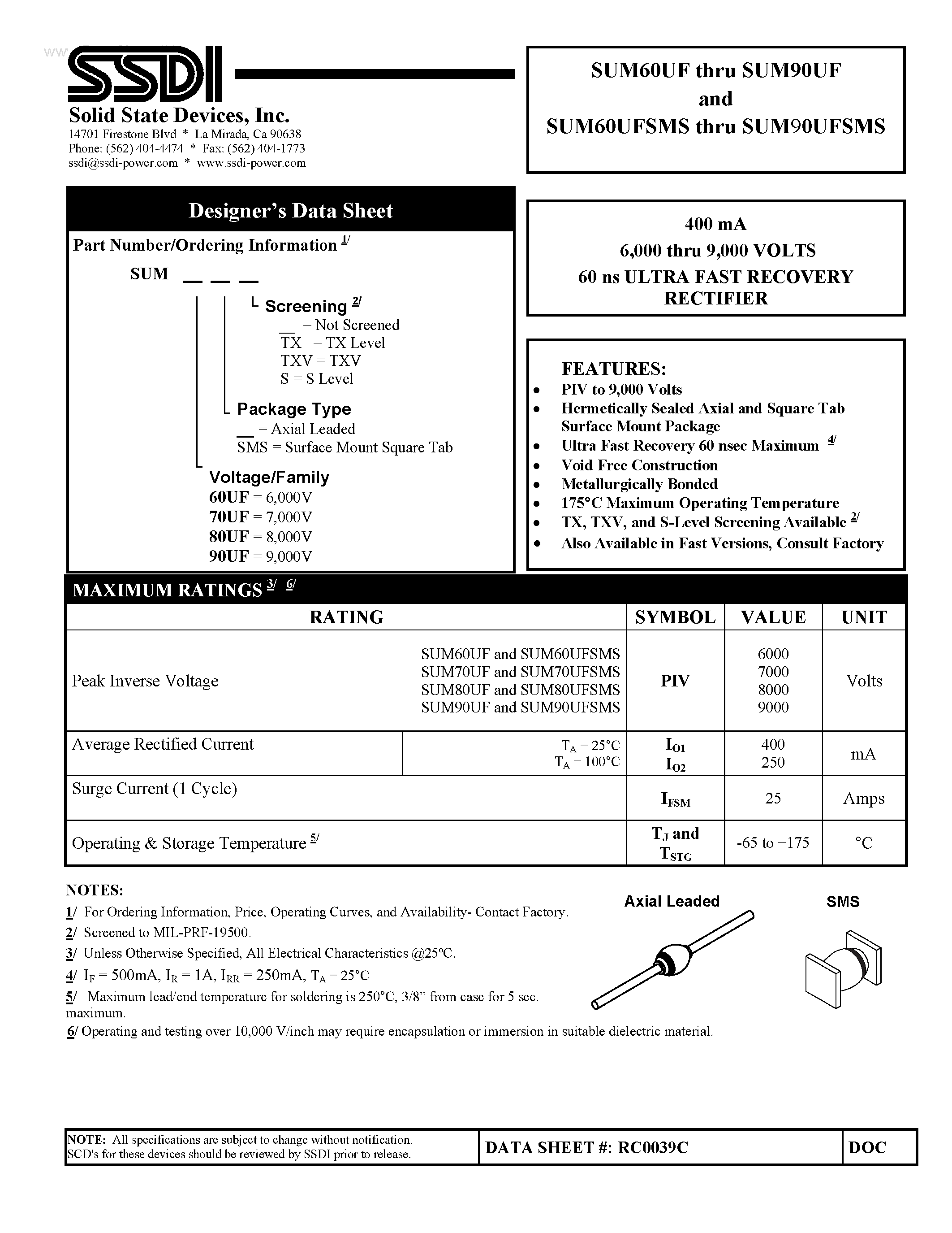 Datasheet SUM60UF page 1 Datasheet SUM60UF - (SUM60UFSMS - SUM90UFSMS) ULTRA FAST RECOVERY RECTIFIER page 1