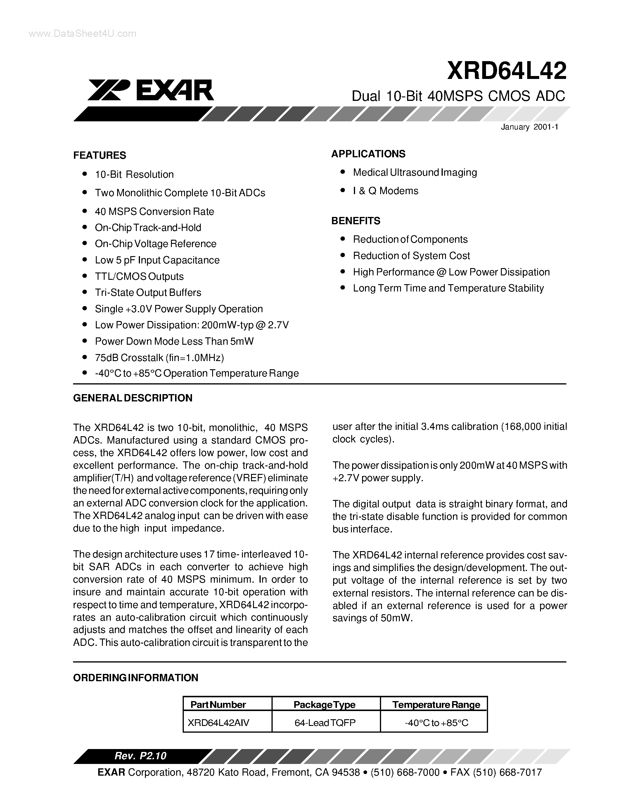 Datasheet XRD64L42 - Dual 10-Bit 40MSPS CMOS ADC page 1