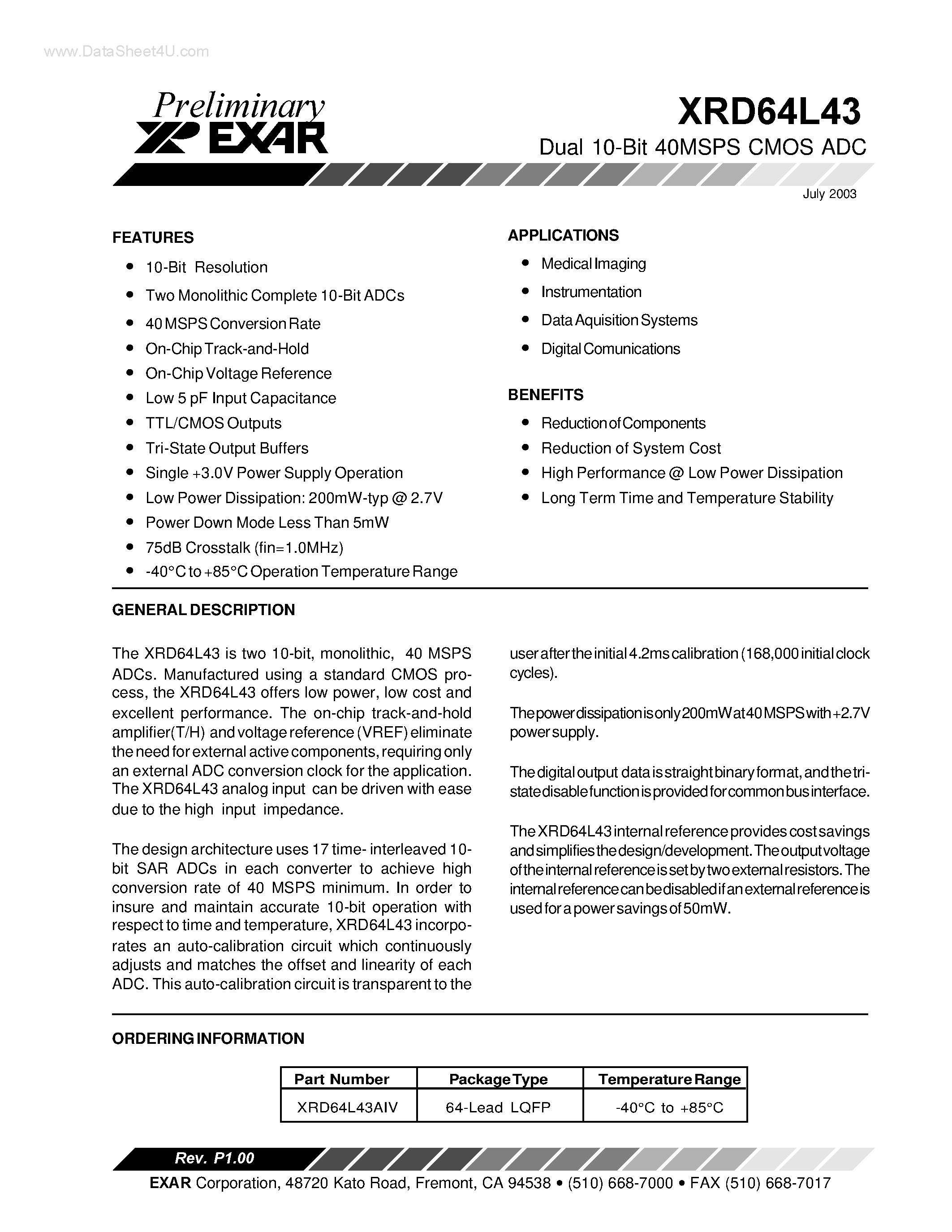 Datasheet XRD64L43 - Dual 10-Bit 40MSPS CMOS ADC page 1