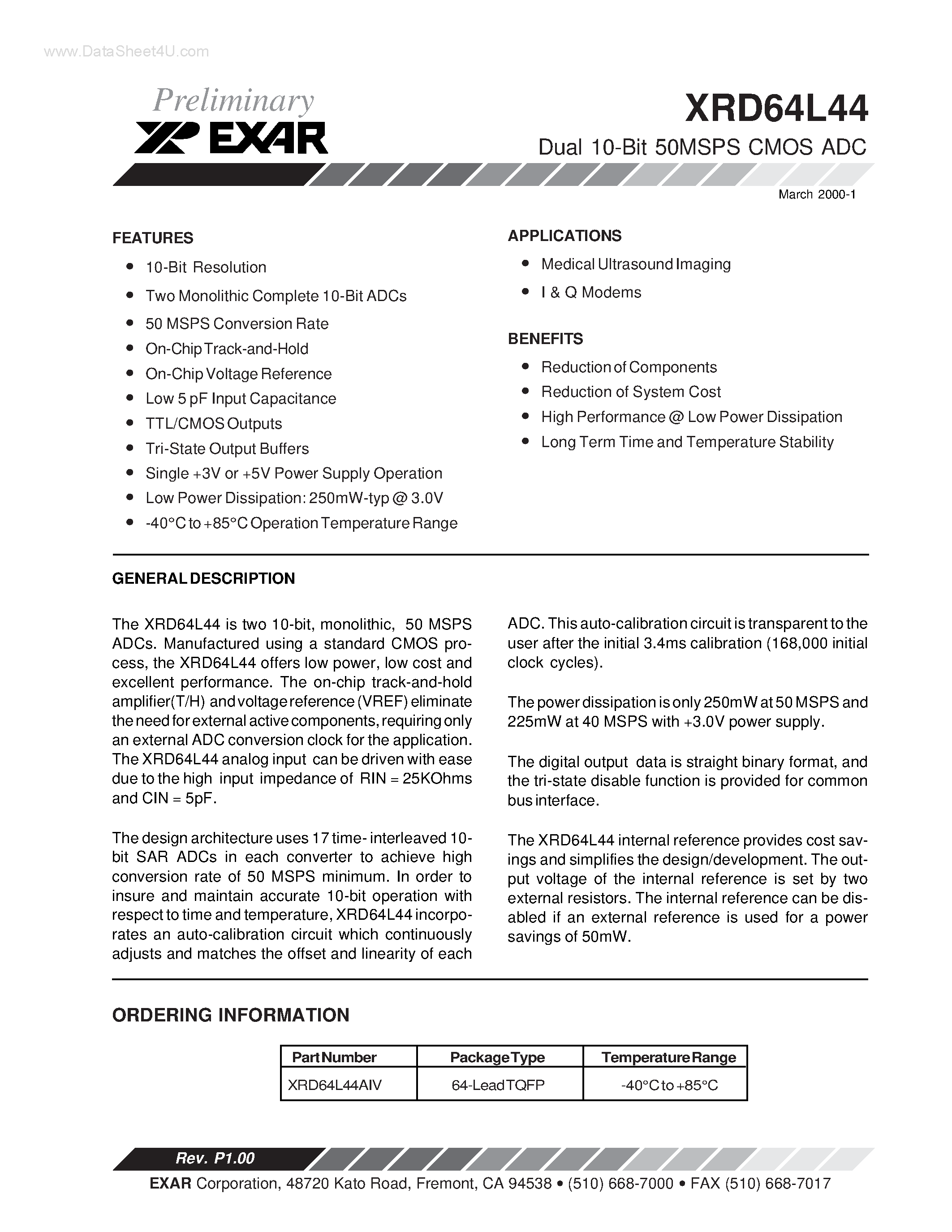 Datasheet XRD64L44 - Dual 10-Bit 50MSPS CMOS ADC page 1