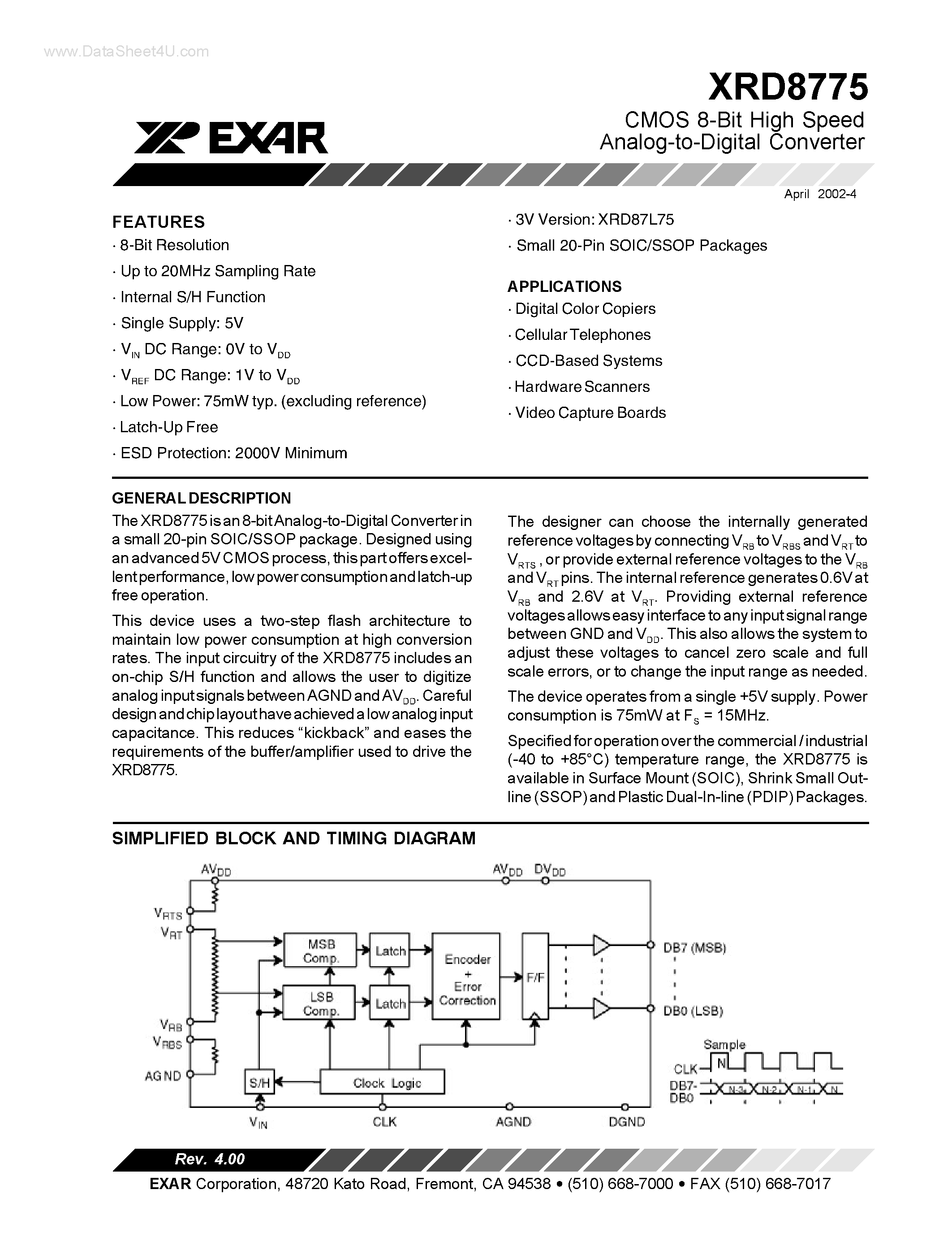 Datasheet XRD8775 - CMOS 8-Bit High Speed Analog-to-Digital Converter page 1