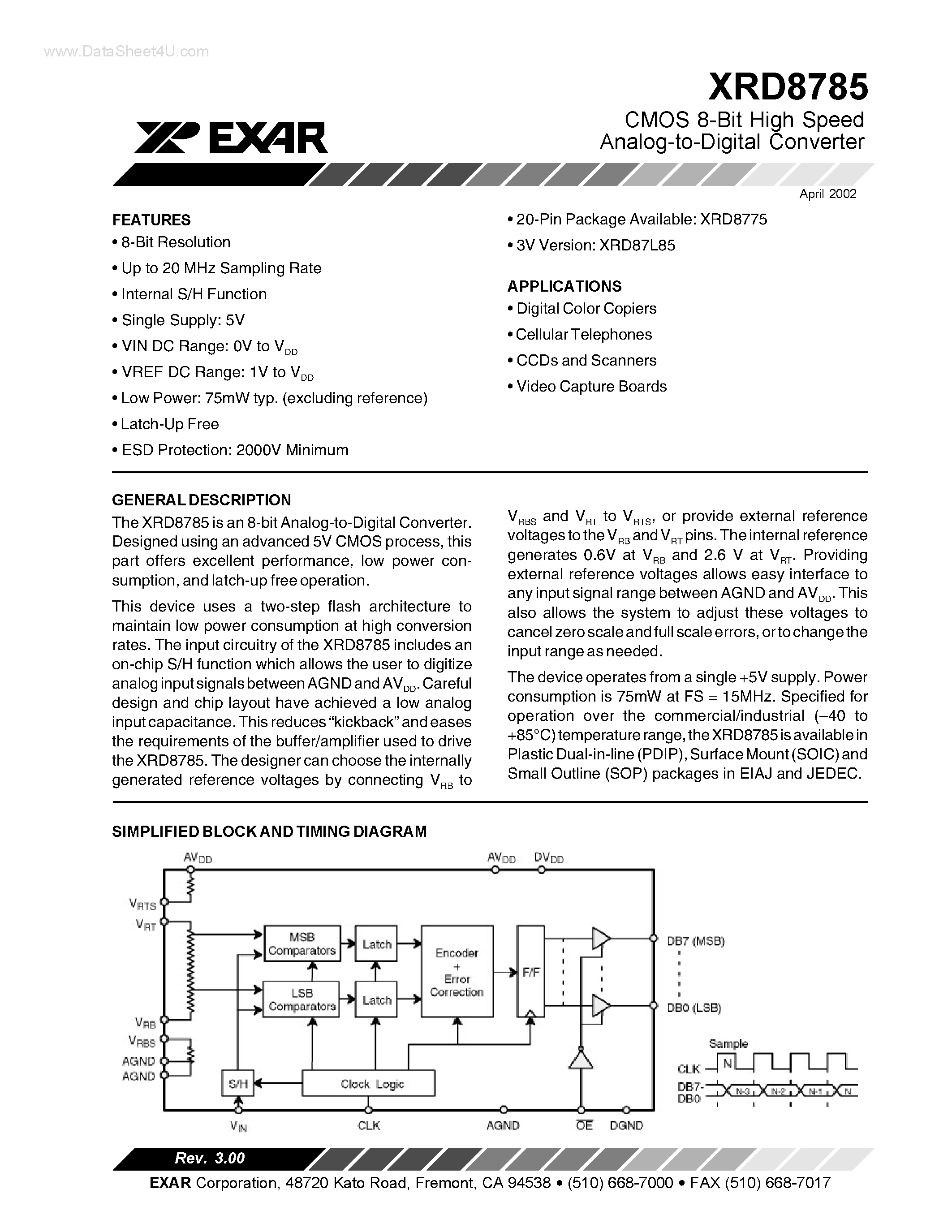 Datasheet XRD8785 - CMOS 8-Bit High Speed Analog-to-Digital Converter page 1