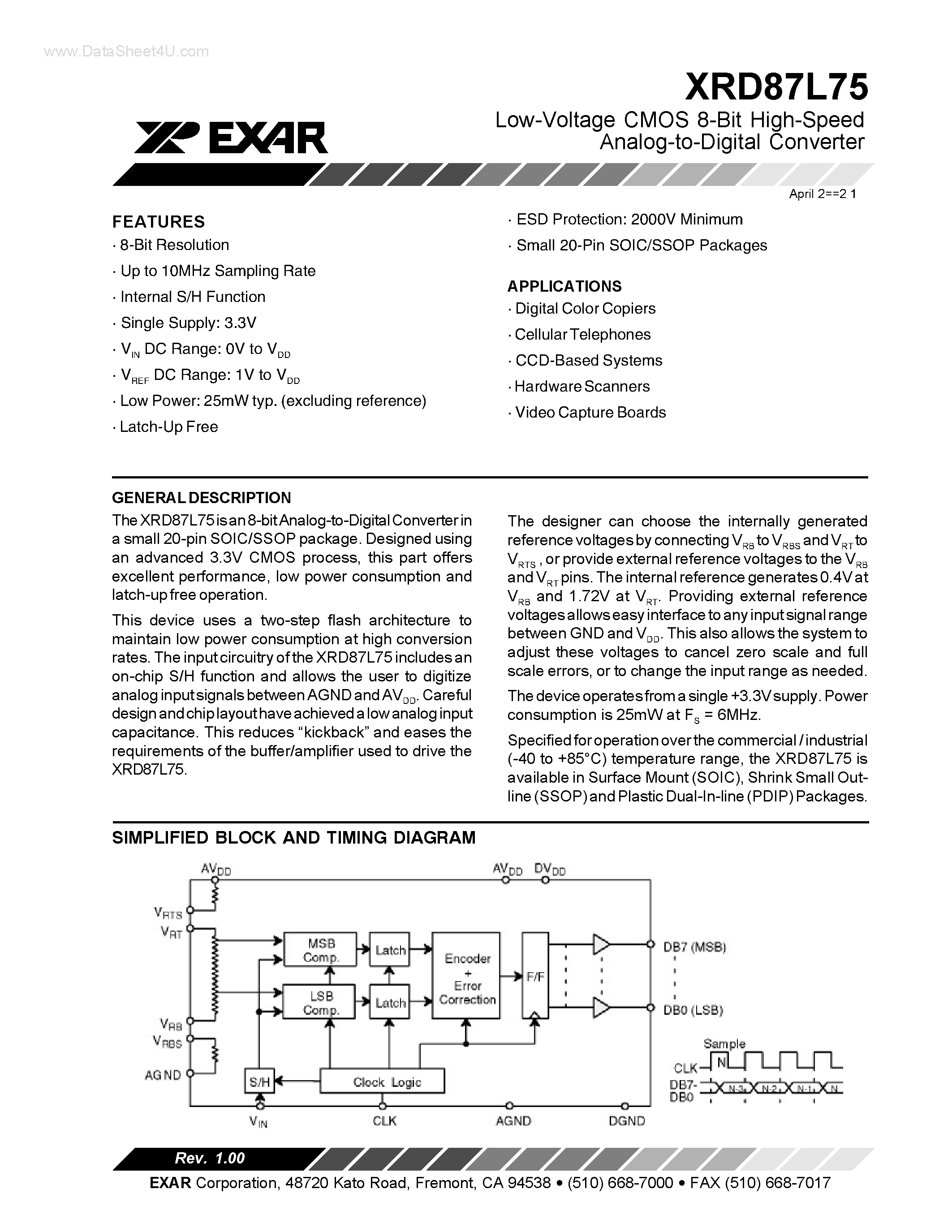 Datasheet XRD87L75 - Low-Voltage CMOS 8-Bit High-Speed Analog-to-Digital Converter page 1