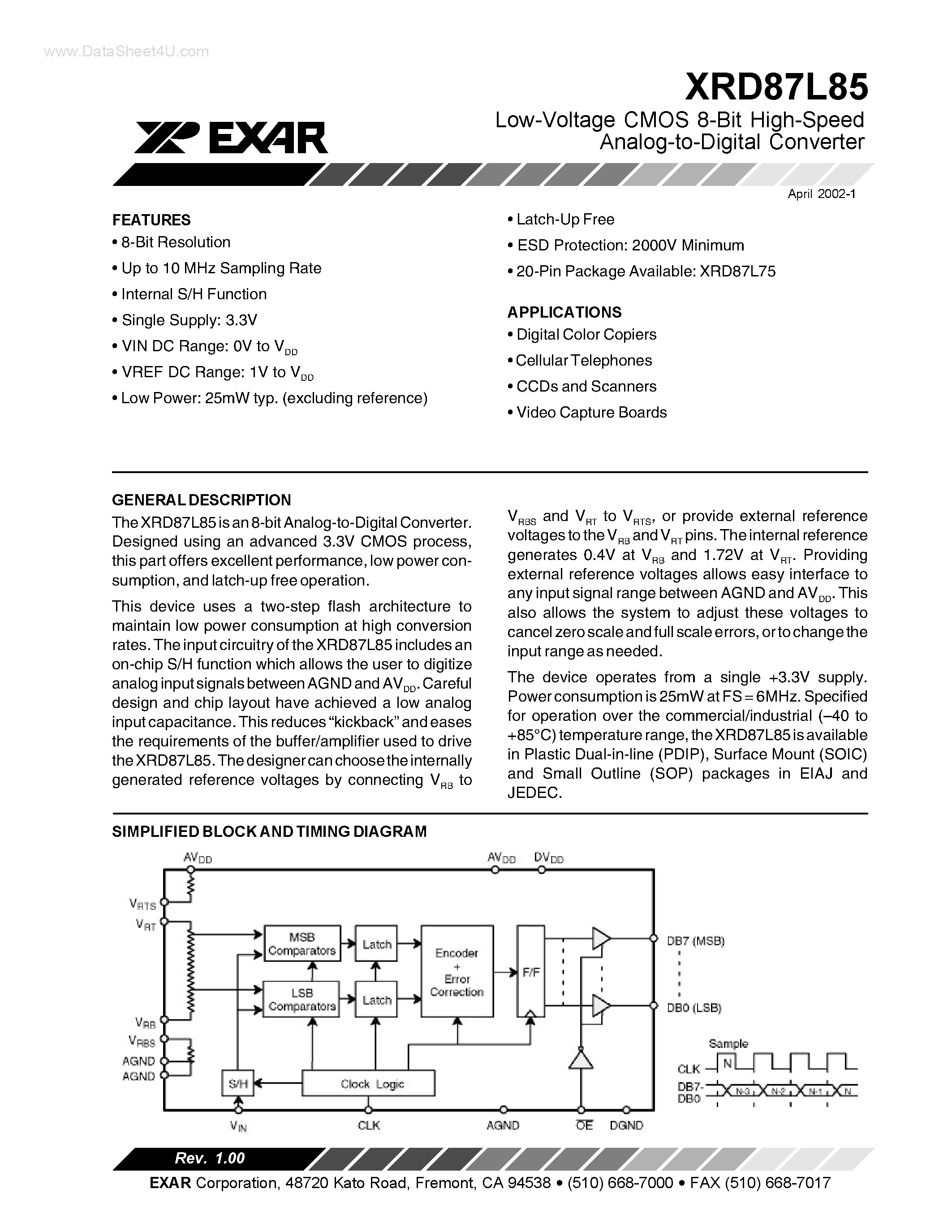 Даташит XRD87L85 - Low-Voltage CMOS 8-Bit High-Speed Analog-to-Digital Converter страница 1