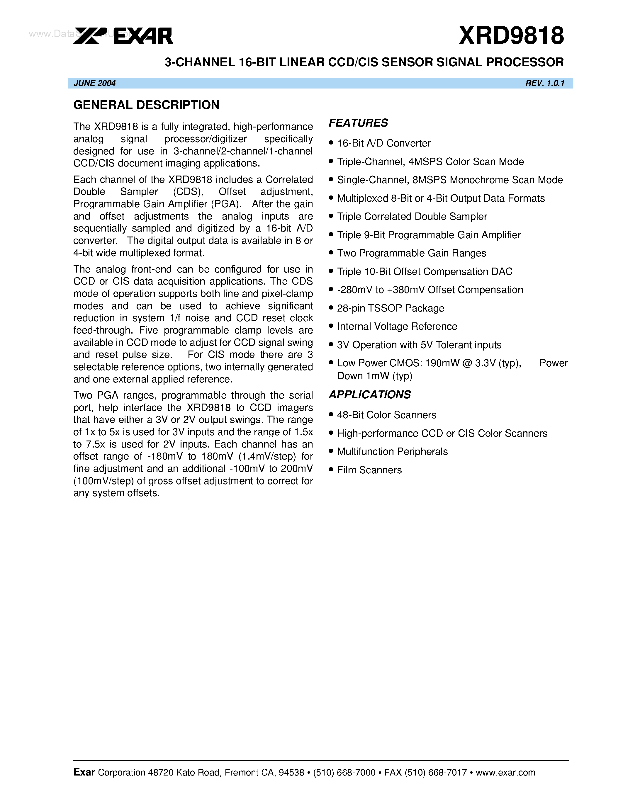 Даташит на микросхему XRD9818 страница 1 Даташит XRD9818 - 3-CHANNEL 16-BIT LINEAR CCD/CIS SENSOR SIGNAL PROCESSOR страница 1