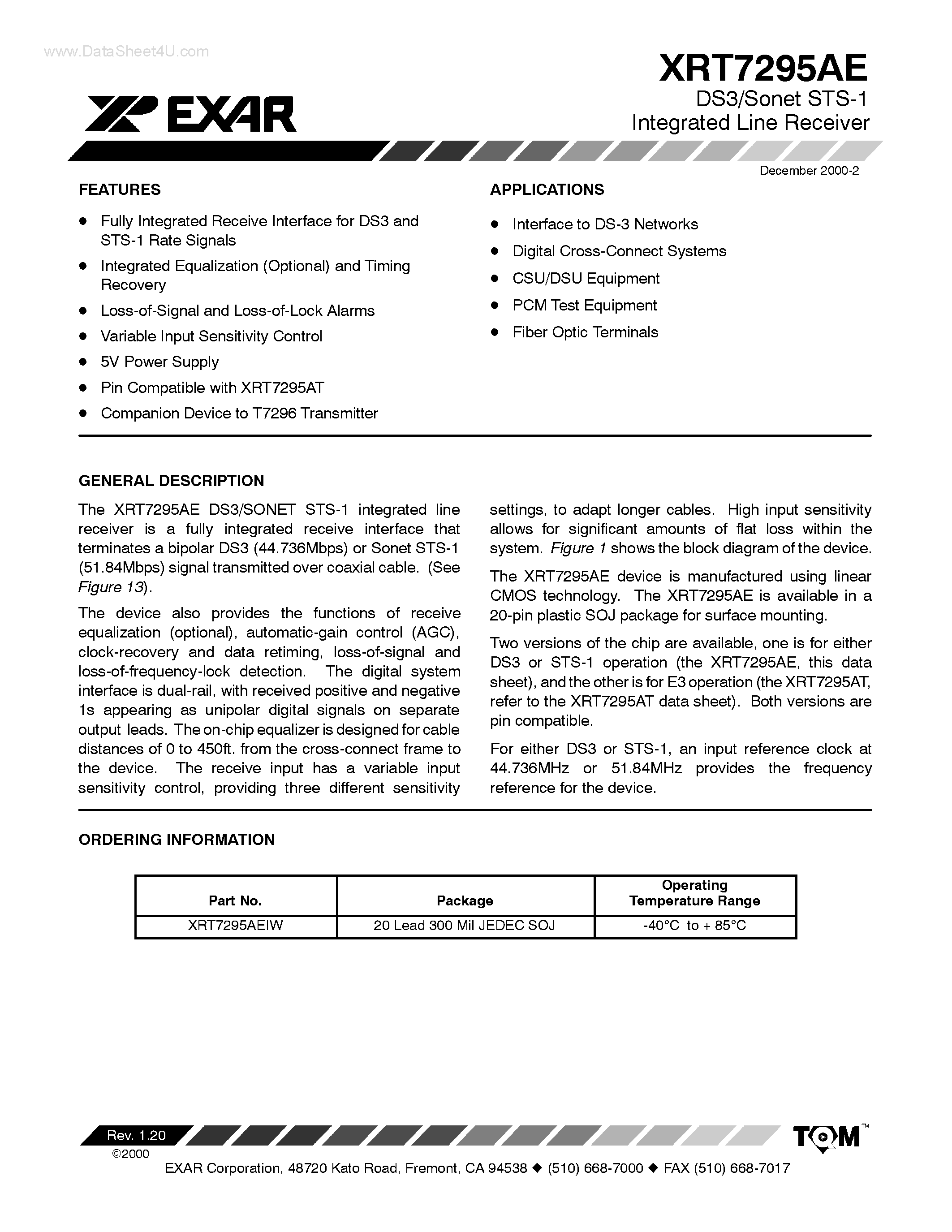 Datasheet XRT7295AE - DS3/Sonet STS-1 Integrated Line Receiver page 1