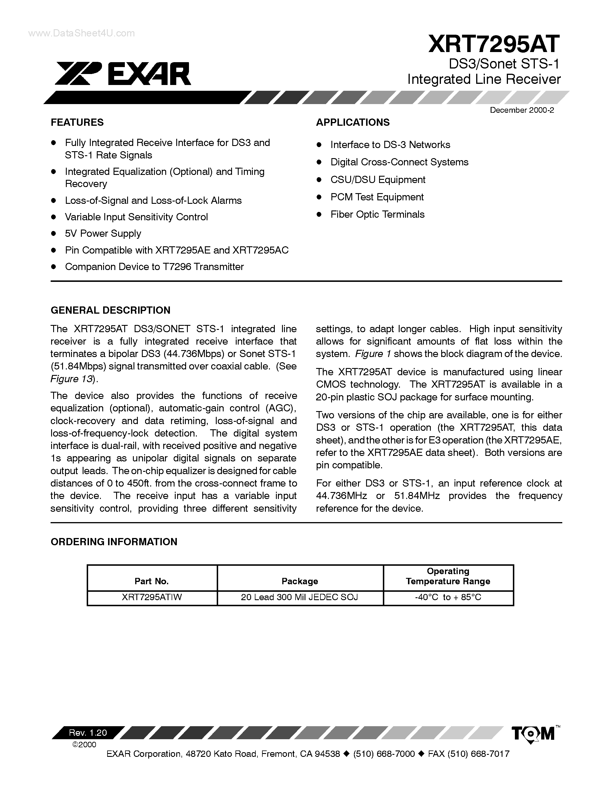 Datasheet XRT7295AT page 1 Datasheet XRT7295AT - DS3/Sonet STS-1 Integrated Line Receiver page 1